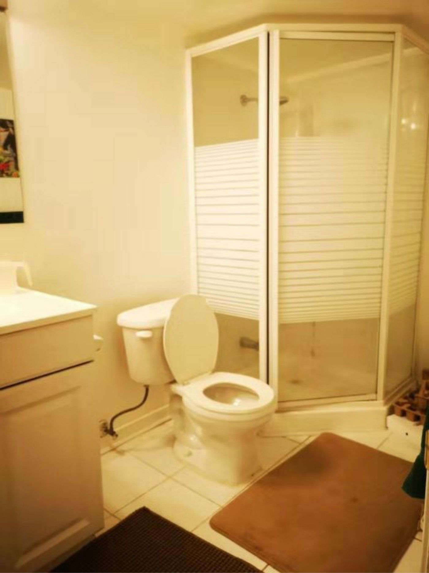 This Mississauga basement bathroom features a compact layout with a corner glass shower, standard vanity, and tiled flooring. The existing setup highlights opportunities for modern upgrades, improved lighting, and enhanced space efficiency. A professional Toronto renovation company can transform this bathroom into a sleek, functional, and contemporary space.