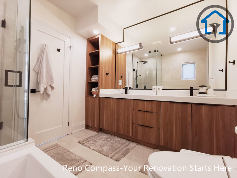 This North York bathroom renovation features a custom wood vanity with double sinks, integrated storage, and modern LED mirror lighting. The warm wood tones are balanced with clean white surfaces and matte black fixtures, creating a functional and refined bathroom space completed by a Toronto renovation company focused on craftsmanship and practical design.