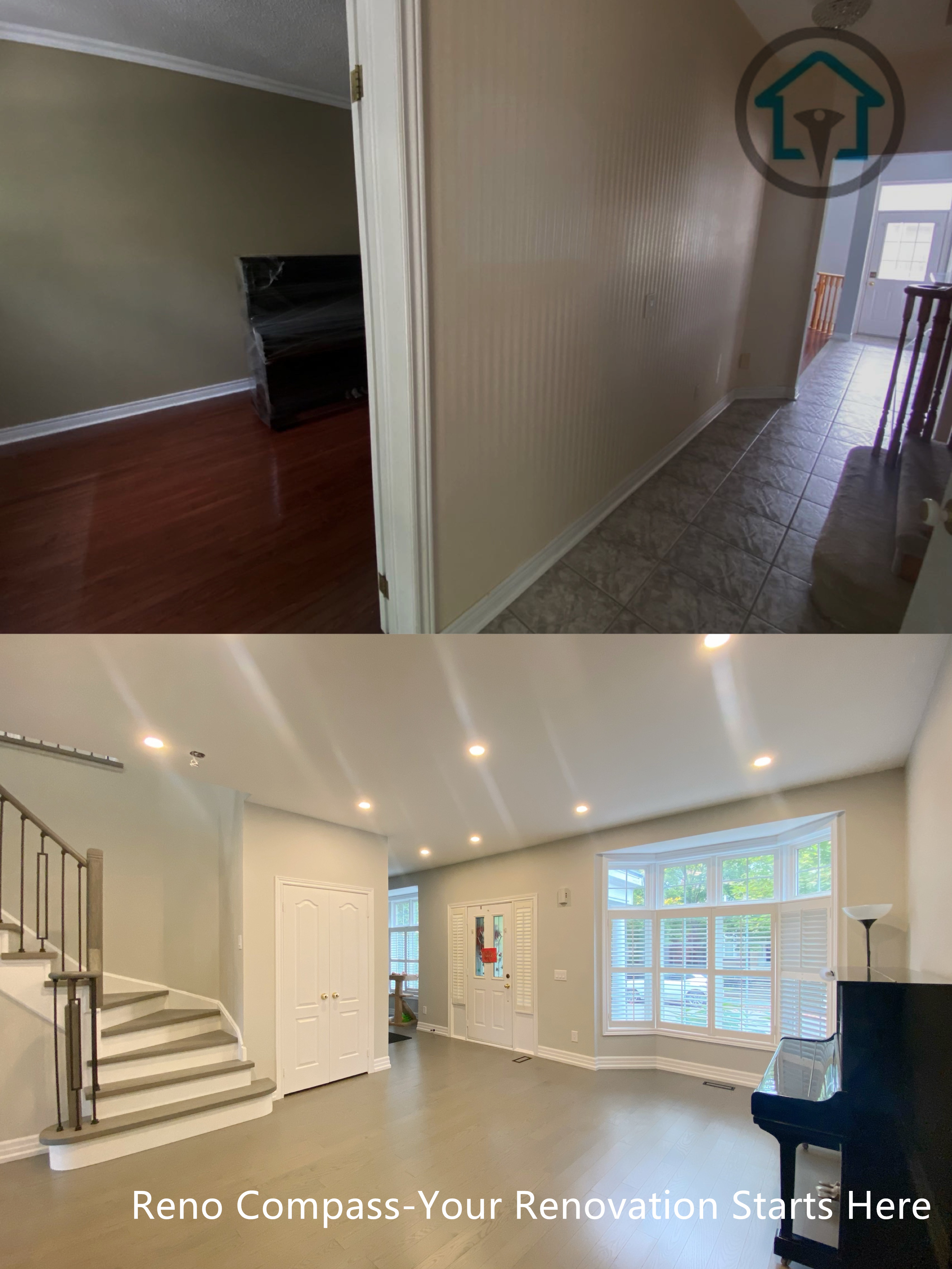 This before-and-after comparison highlights the transformation of a dated interior into a bright, open living space with improved flow and functionality. The renovation introduces a redesigned staircase, updated flooring, and enhanced lighting to create better visual continuity between levels. Clean finishes and a more open layout significantly improve natural light and spatial clarity, delivering a modernized interior renovation completed by Reno Compass.