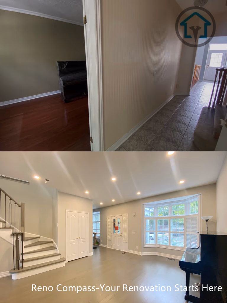 This before-and-after comparison highlights the transformation of a dated interior into a bright, open living space with improved flow and functionality. The renovation introduces a redesigned staircase, updated flooring, and enhanced lighting to create better visual continuity between levels. Clean finishes and a more open layout significantly improve natural light and spatial clarity, delivering a modernized interior renovation completed by Reno Compass.