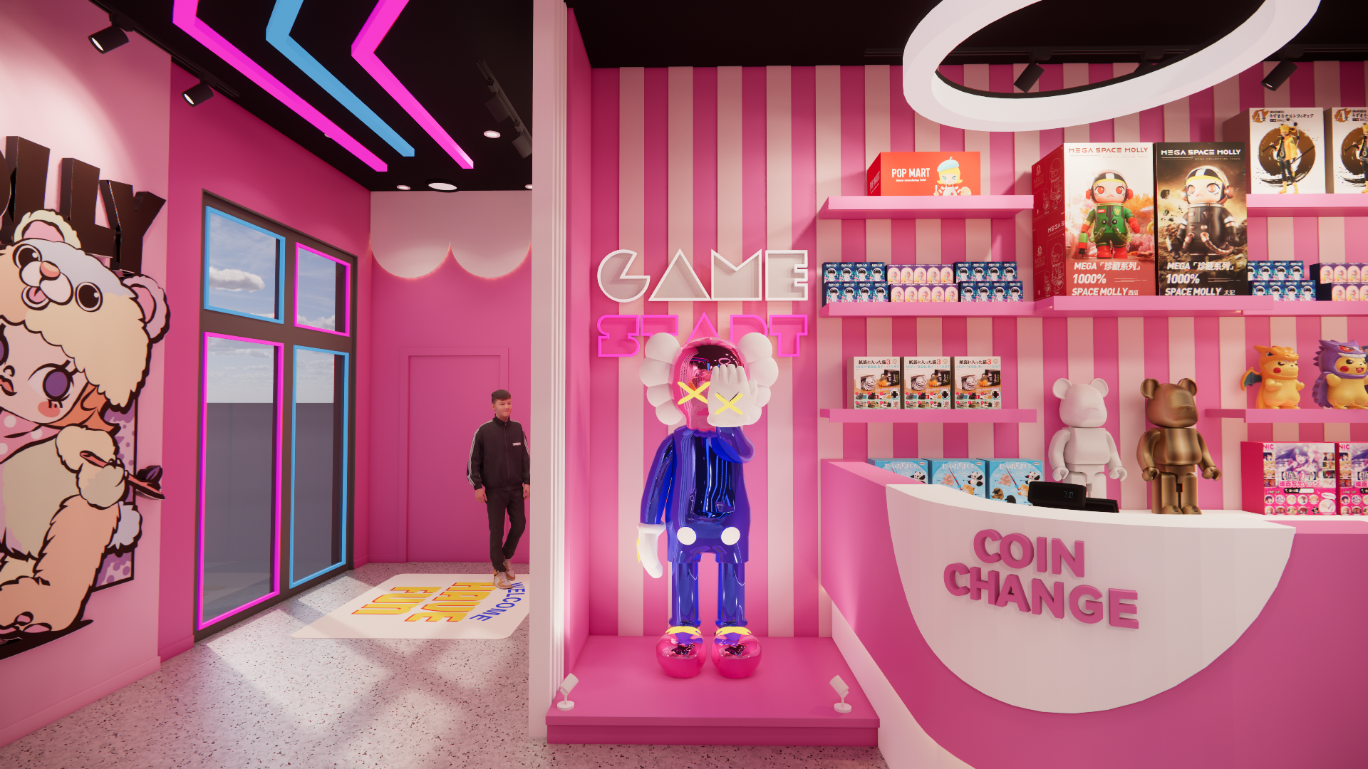 A vibrant pink-themed claw machine arcade entrance in Waterloo, featuring playful doll displays, striped walls, neon signage, and a coin change counter. This toy store interior design combines immersive retail experience with eye-catching visual merchandising, creating a fun and welcoming atmosphere ideal for family entertainment and youth-oriented arcade spaces.