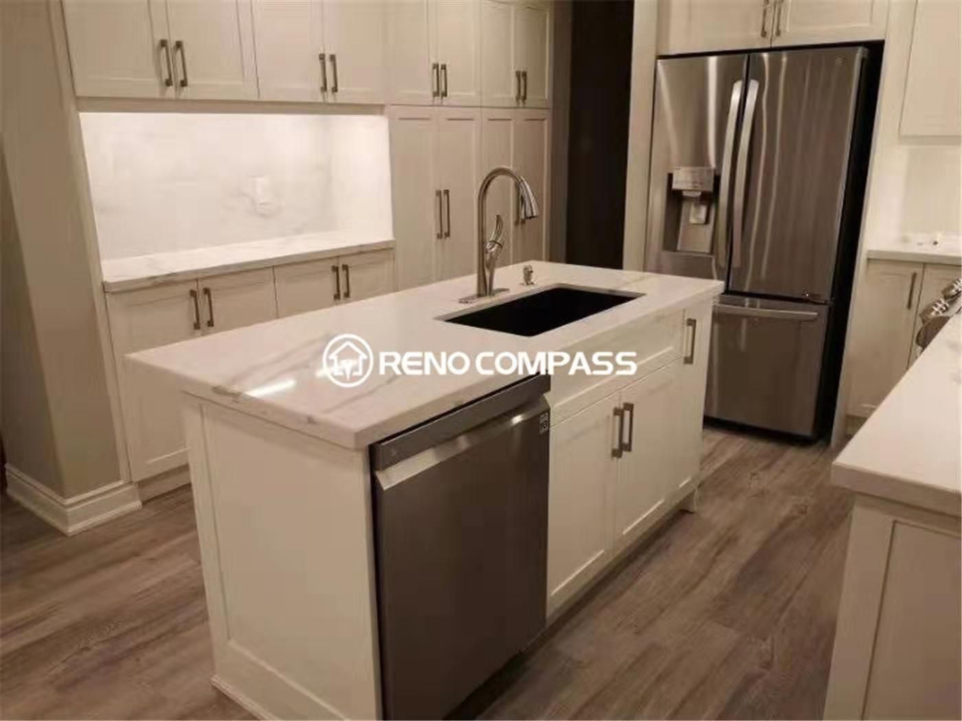 This modern kitchen renovation project in Mississauga features custom white shaker cabinets, quartz countertops, and a functional central island designed for everyday cooking and entertaining. Completed by a professional Toronto renovation company, the space combines clean cabinetry lines, upgraded lighting, and durable flooring to create a bright and highly functional kitchen environment. Stainless steel appliances, ample storage solutions, and a practical layout enhance both visual appeal and daily usability, delivering a timeless and elegant kitchen transformation for modern family living.