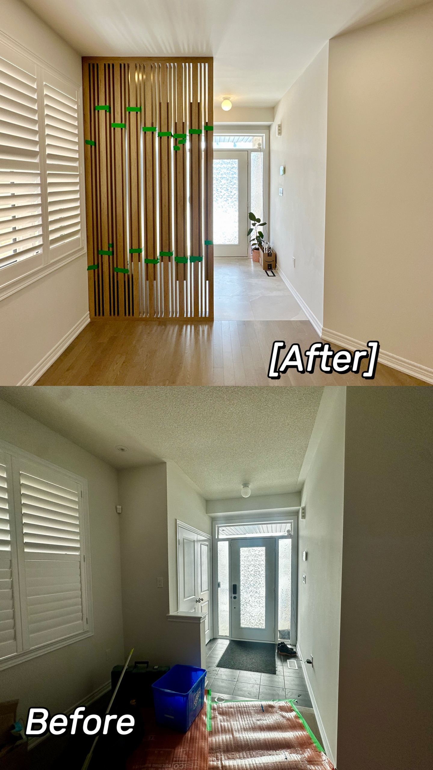 This before-and-after comparison highlights the transformation of a Stouffville entryway renovation. The original narrow foyer was upgraded with a custom wood slat divider, improved lighting, and refined finishes to create a brighter, more organized entrance. Completed by a professional Toronto renovation company, Reno Compass Inc., this renovation demonstrates thoughtful space planning and high-quality interior craftsmanship.
