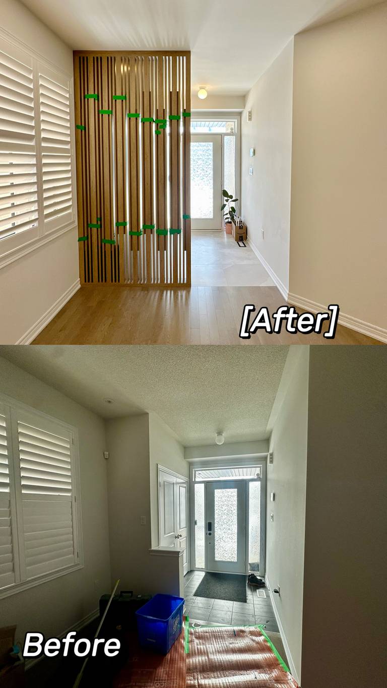 This before-and-after comparison highlights the transformation of a Stouffville entryway renovation. The original narrow foyer was upgraded with a custom wood slat divider, improved lighting, and refined finishes to create a brighter, more organized entrance. Completed by a professional Toronto renovation company, Reno Compass Inc., this renovation demonstrates thoughtful space planning and high-quality interior craftsmanship.