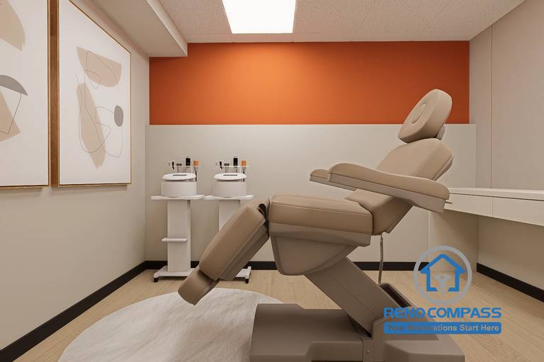 A functional treatment room in a Markham medical aesthetic clinic renovation, featuring an ergonomic treatment chair, equipment stations, and a clean layout designed for efficient workflow and patient comfort.