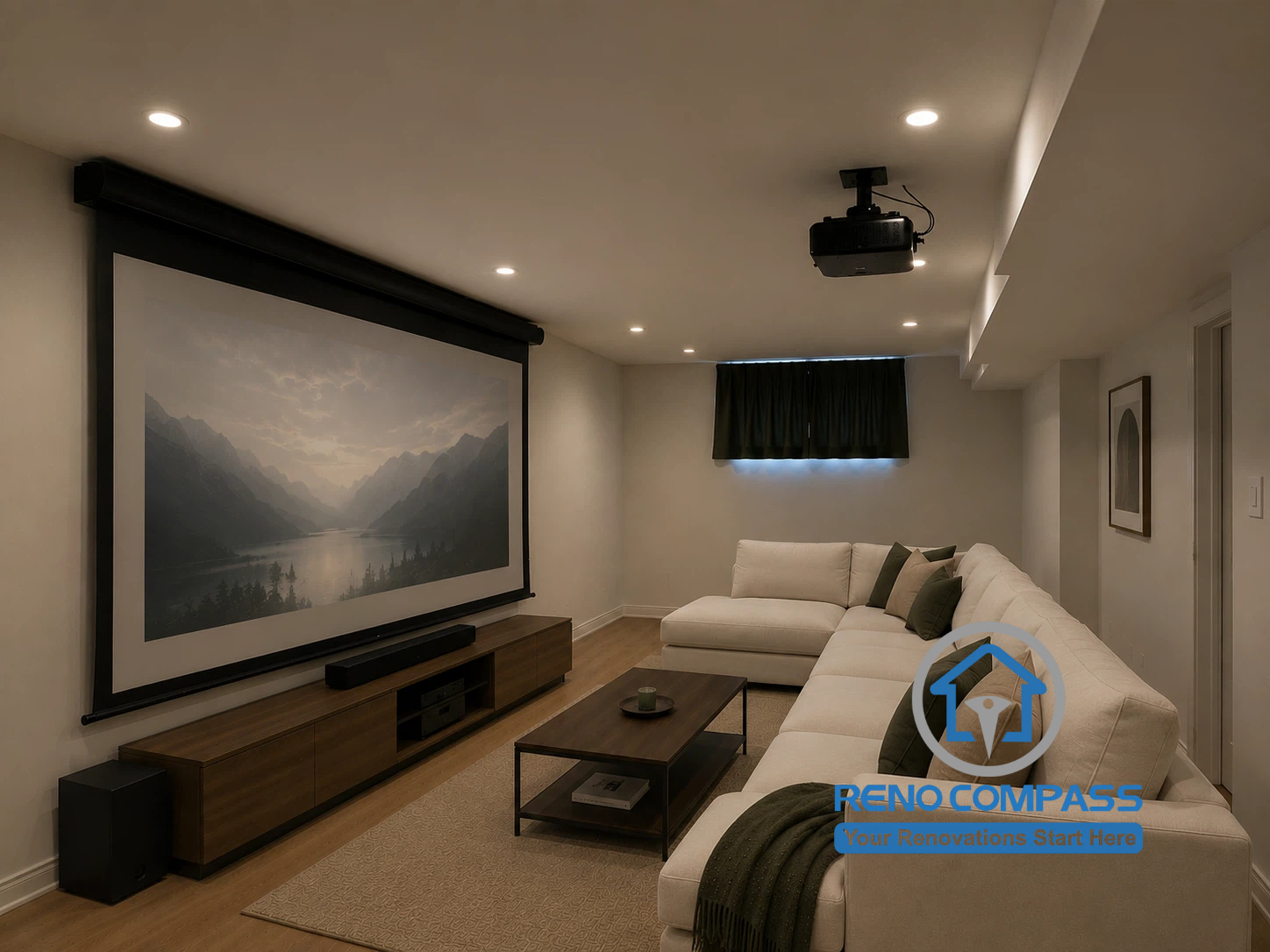 This custom home theatre was completed as part of a whole house renovation in North York. Featuring a ceiling-mounted projector, large projection screen, built-in media console, and comfortable sectional seating, the space is designed to deliver an immersive cinematic experience while maintaining a clean, modern aesthetic.