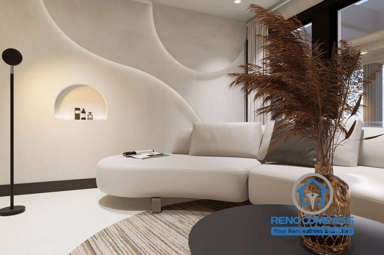 A modern and calming waiting area in a Markham medical aesthetic clinic renovation, featuring curved wall design, soft lighting, and comfortable seating to enhance patient experience and reduce anxiety.