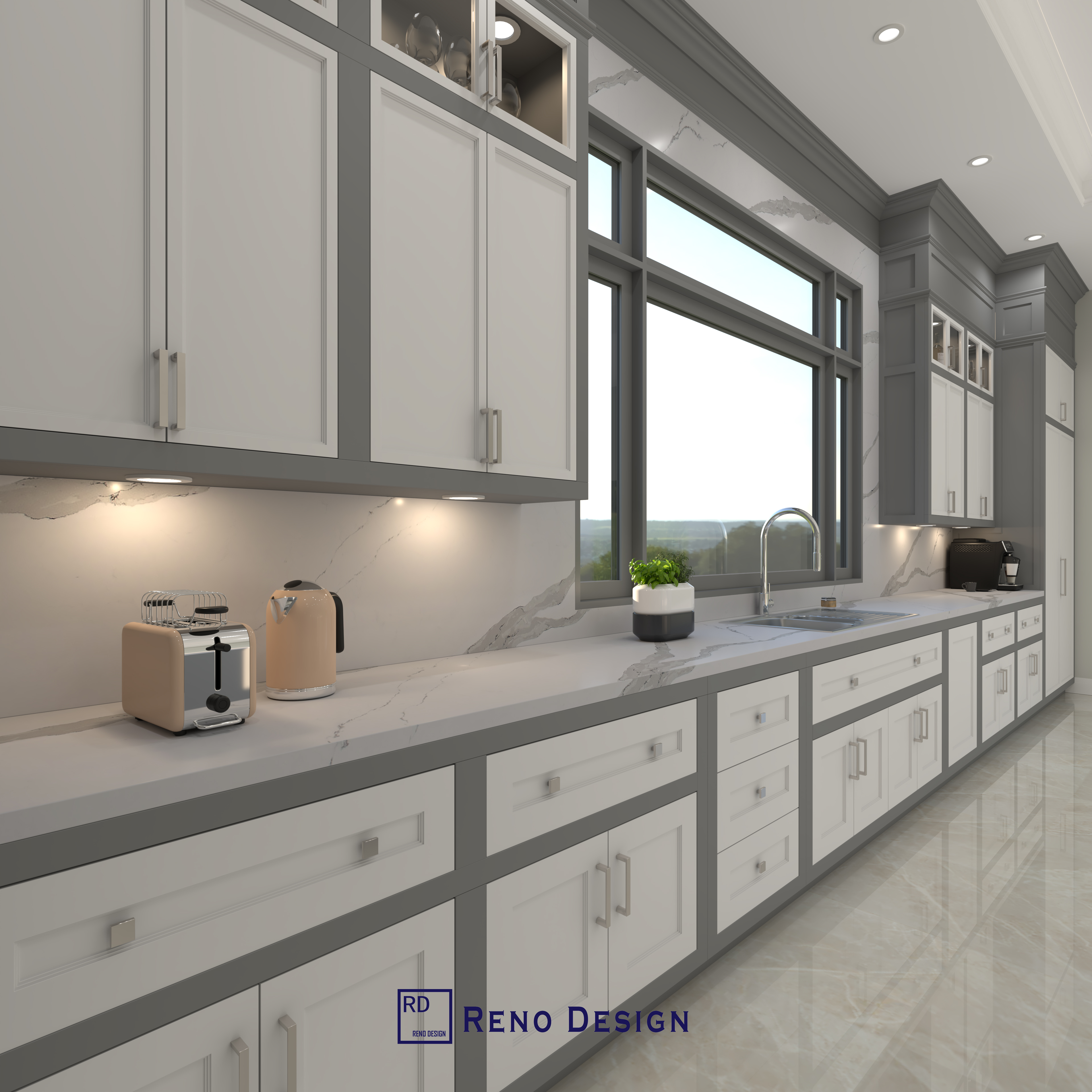 This Toronto traditional kitchen features an extended countertop workspace paired with custom-built cabinetry and integrated under-cabinet lighting. The design maximizes storage efficiency with multiple drawers and upper cabinets, while large windows bring in natural light to enhance the clean and elegant aesthetic. Completed by a professional Toronto Renovation Company, this space combines practicality with timeless design.