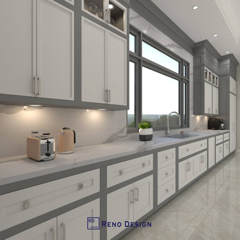 This Toronto traditional kitchen features an extended countertop workspace paired with custom-built cabinetry and integrated under-cabinet lighting. The design maximizes storage efficiency with multiple drawers and upper cabinets, while large windows bring in natural light to enhance the clean and elegant aesthetic. Completed by a professional Toronto Renovation Company, this space combines practicality with timeless design.