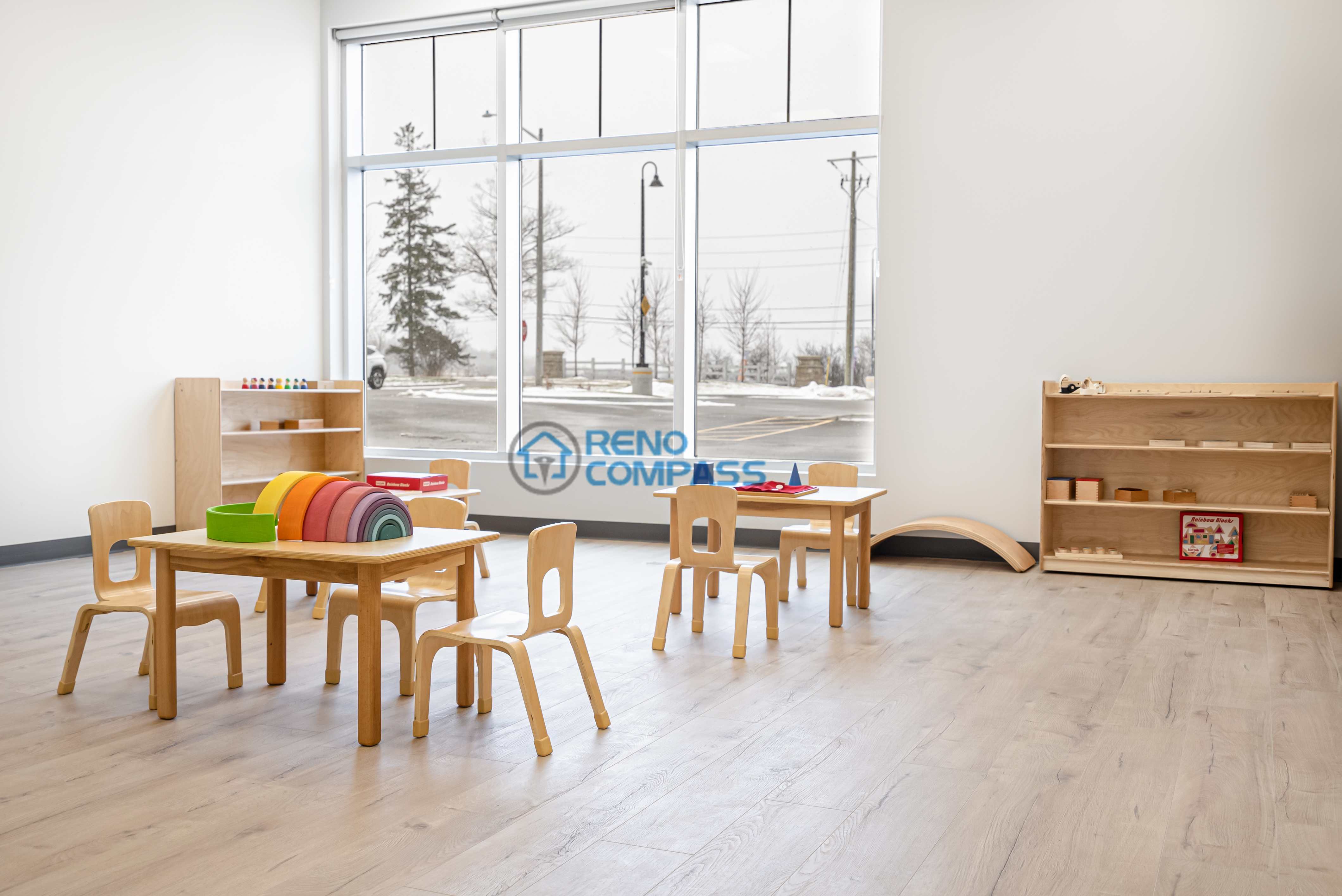 Daycare classroom renovation in Richmond Hill featuring a calm color palette, durable flooring, and a child-friendly layout designed to support focused learning and daily routines.