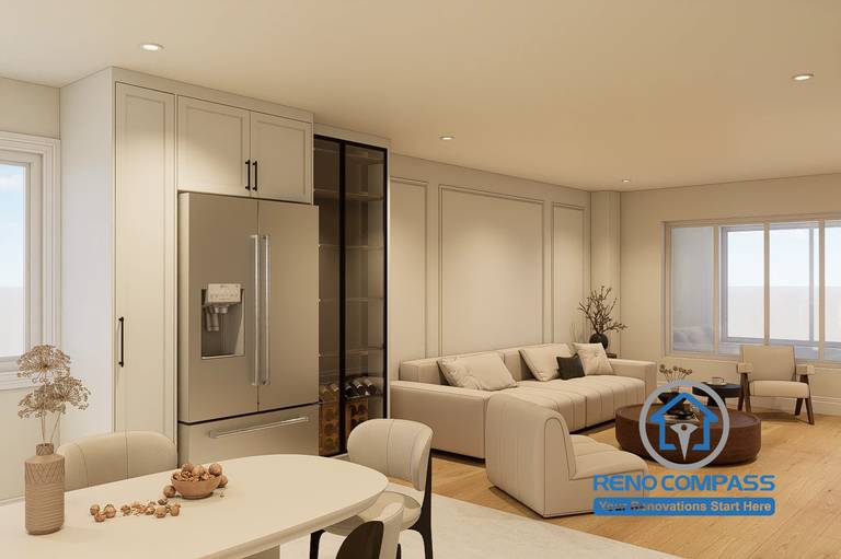 Open-concept kitchen and living room design for a Markham whole home renovation project. Featuring custom white cabinetry, natural wood flooring, integrated storage solutions, modern furniture selection, and a functional family-friendly layout that maximizes natural light and creates seamless flow between cooking, dining, and living spaces.