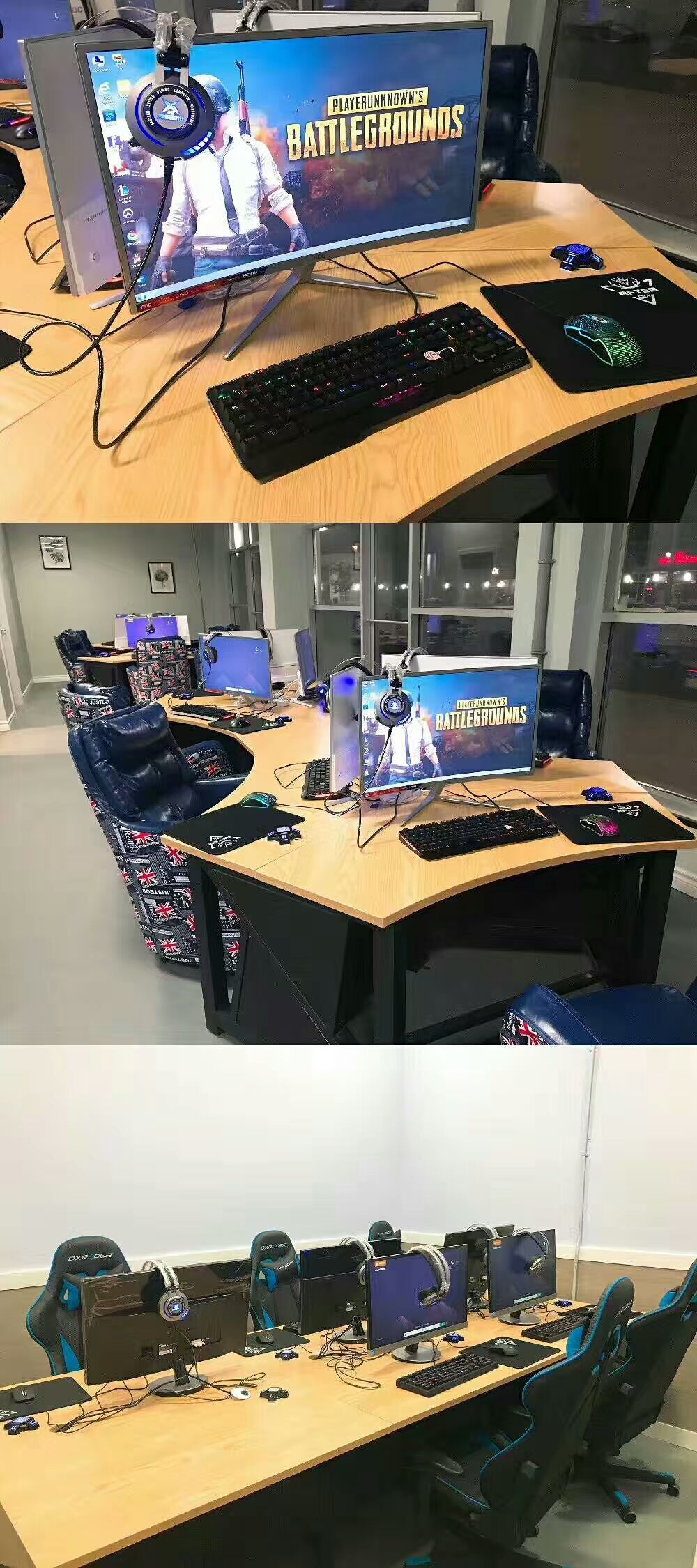 Commercial renovation project in North York featuring a modern gaming setup with professional computer stations, gaming monitors, keyboards, and headsets. The layout is designed for entertainment venues such as gaming lounges, restaurants, or recreation spaces.