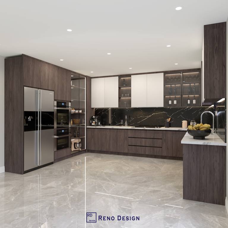 This Toronto contemporary kitchen renovation highlights a refined two-tone cabinet design featuring rich dark wood base cabinets and clean white upper cabinetry. The dramatic black marble backsplash adds contrast and depth, while built-in appliances and recessed lighting enhance both functionality and elegance. The open layout maximizes space and flow, making this modern kitchen design a perfect blend of luxury, comfort, and everyday practicality for Toronto homeowners.