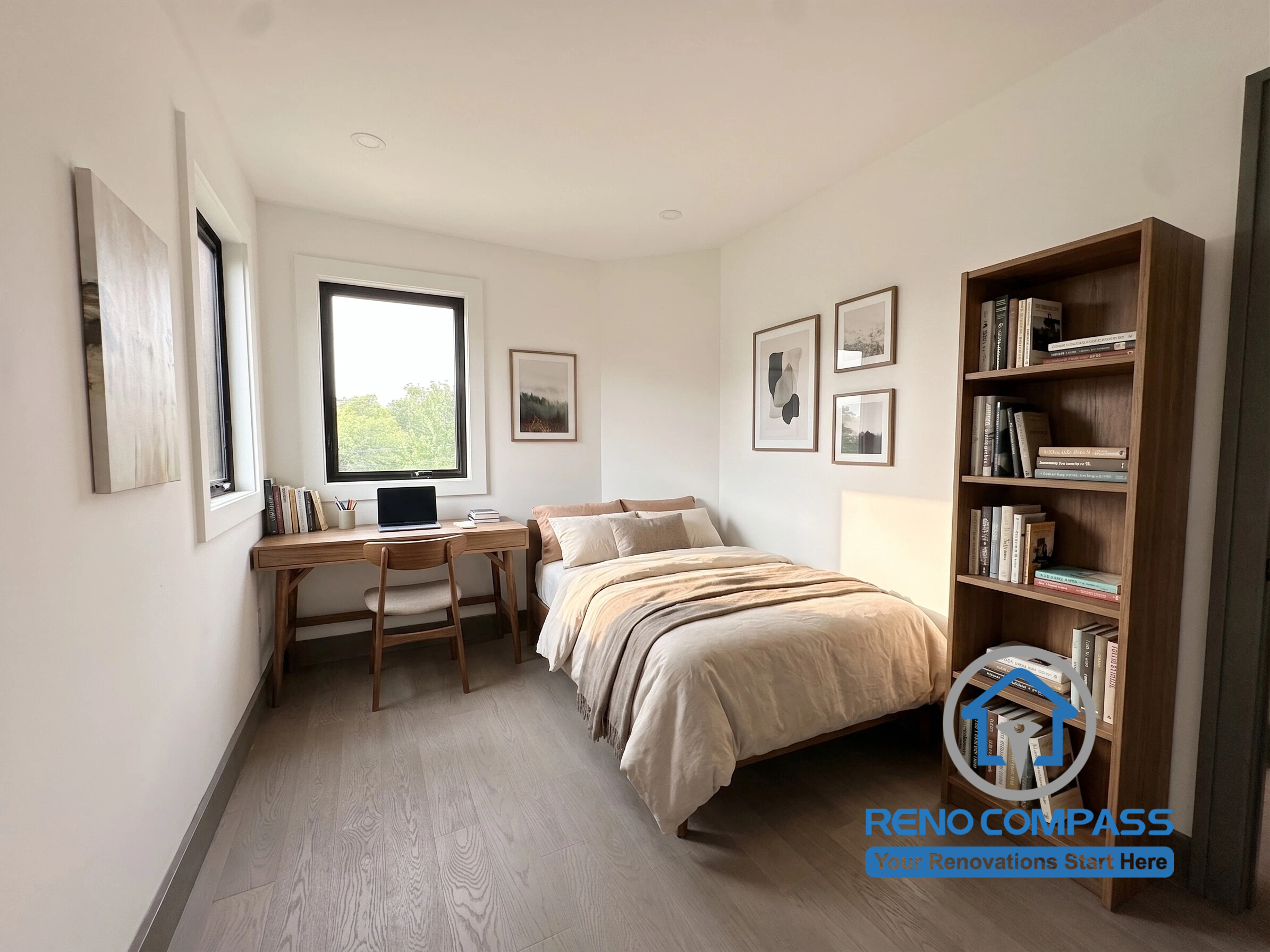 This thoughtfully designed bedroom combines a comfortable sleeping area with a dedicated home office space, creating a functional environment for modern living. Featuring warm wood finishes, built-in shelving, and abundant natural light, the room offers the perfect balance of comfort, productivity, and contemporary design. Project completed by Reno Compass, serving Markham, Toronto, Richmond Hill, Vaughan, and the Greater Toronto Area.