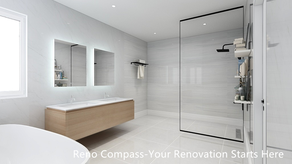 This bathroom design rendering illustrates a clean, modern layout featuring a floating double-sink vanity, integrated wall niches, and a frameless glass shower enclosure. Light-toned wall and floor tiles are used to enhance brightness and visual continuity, while minimalist black fixtures add contrast and definition. The design emphasizes openness, functional storage, and a spa-inspired atmosphere, offering a clear preview of the intended renovation concept prior to construction. Developed by Reno Compass, this rendering reflects a balanced approach to aesthetics and everyday usability.