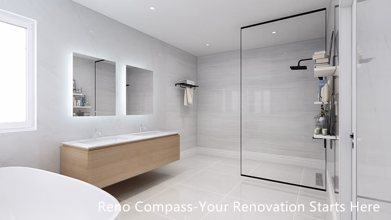 This bathroom design rendering illustrates a clean, modern layout featuring a floating double-sink vanity, integrated wall niches, and a frameless glass shower enclosure. Light-toned wall and floor tiles are used to enhance brightness and visual continuity, while minimalist black fixtures add contrast and definition. The design emphasizes openness, functional storage, and a spa-inspired atmosphere, offering a clear preview of the intended renovation concept prior to construction. Developed by Reno Compass, this rendering reflects a balanced approach to aesthetics and everyday usability.