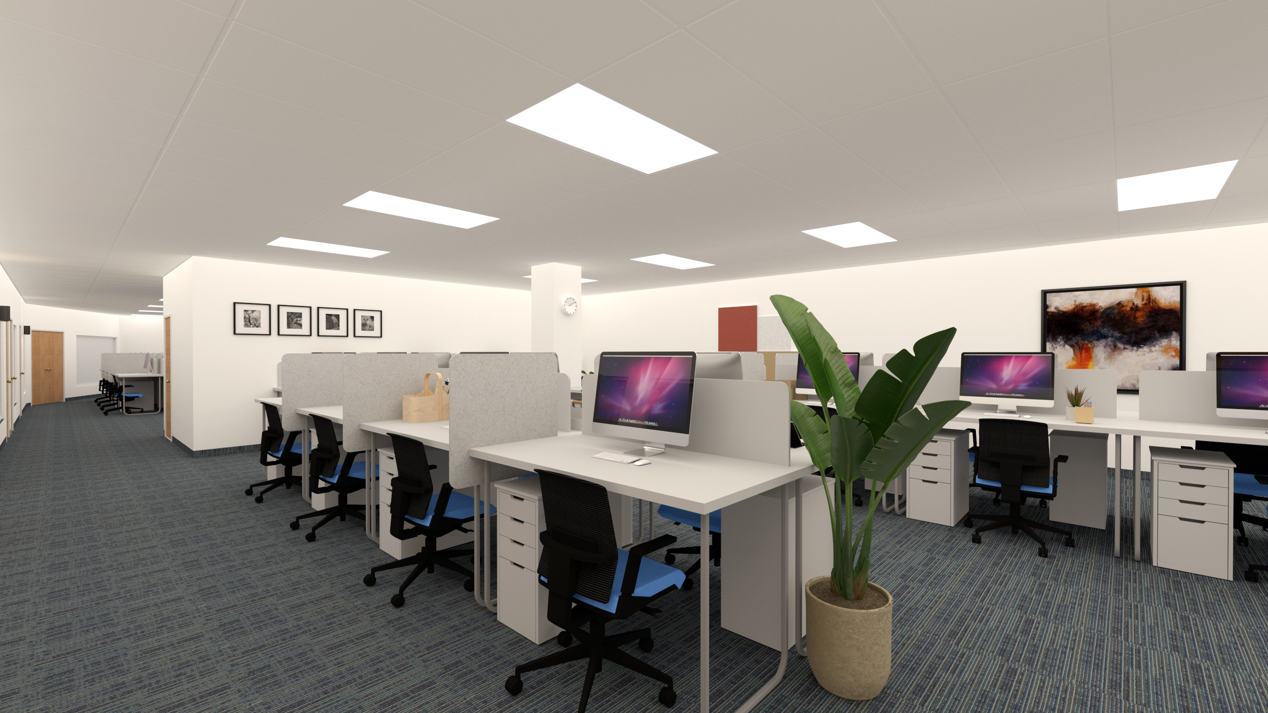 This image presents the renovated open office area of an ICBC Toronto branch, designed to support efficient daily operations and a structured working environment. The layout features modular workstations, clean-lined office desks, neutral-toned finishes, and integrated overhead lighting to ensure visual comfort and functionality. Wood doors, glass panels, and soft carpet flooring enhance acoustic control and spatial order, reflecting contemporary commercial office renovation standards for financial institutions in Toronto.