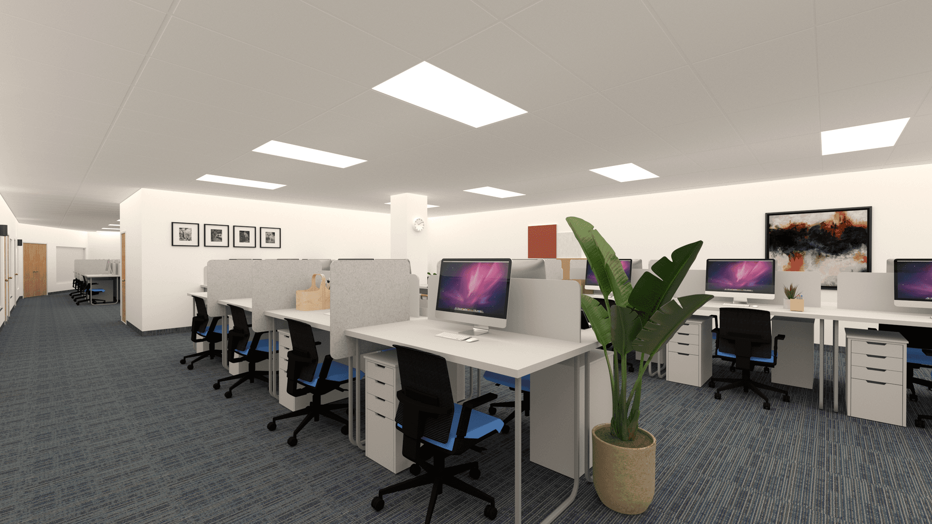 This image presents the renovated open office area of an ICBC Toronto branch, designed to support efficient daily operations and a structured working environment. The layout features modular workstations, clean-lined office desks, neutral-toned finishes, and integrated overhead lighting to ensure visual comfort and functionality. Wood doors, glass panels, and soft carpet flooring enhance acoustic control and spatial order, reflecting contemporary commercial office renovation standards for financial institutions in Toronto.