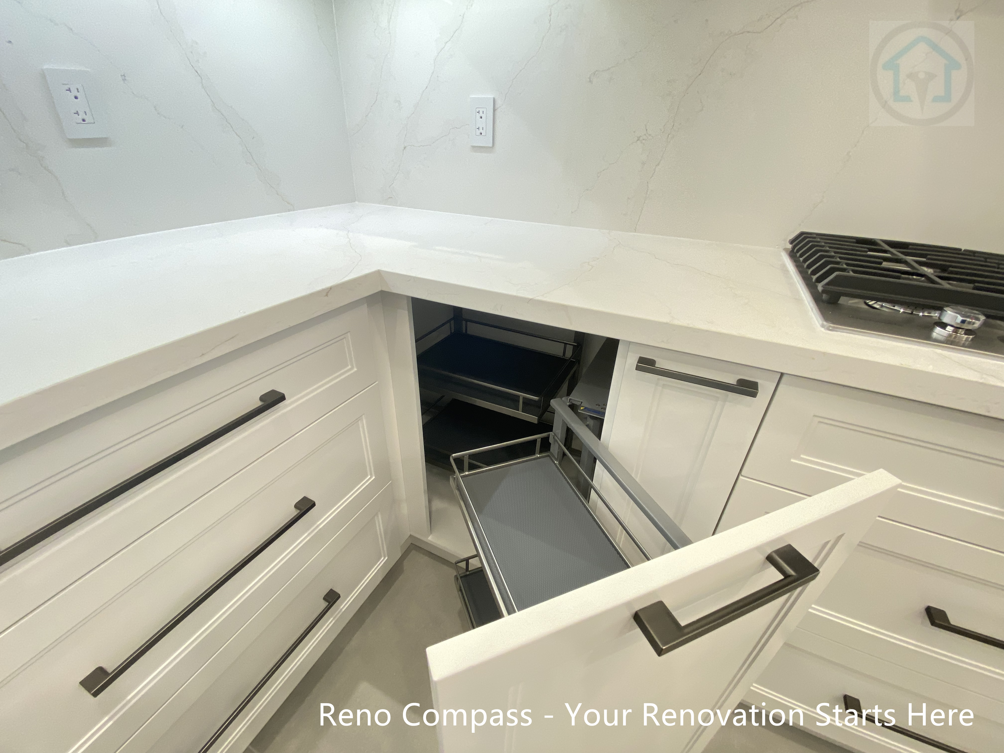 Bright white kitchen renovation in Oakville featuring a functional U-shape layout, custom cabinetry, quartz countertops, and modern recessed lighting. Designed to improve workflow, storage efficiency, and overall brightness for everyday family use.