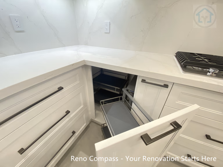Bright white kitchen renovation in Oakville featuring a functional U-shape layout, custom cabinetry, quartz countertops, and modern recessed lighting. Designed to improve workflow, storage efficiency, and overall brightness for everyday family use.