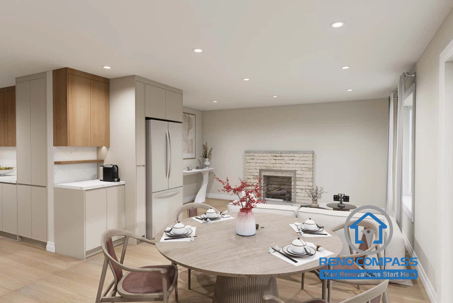 A beautifully designed open-concept dining and living room in a Scarborough home, featuring custom cabinetry, warm wood finishes, a modern fireplace, abundant natural light, and seamless space planning for contemporary family living.