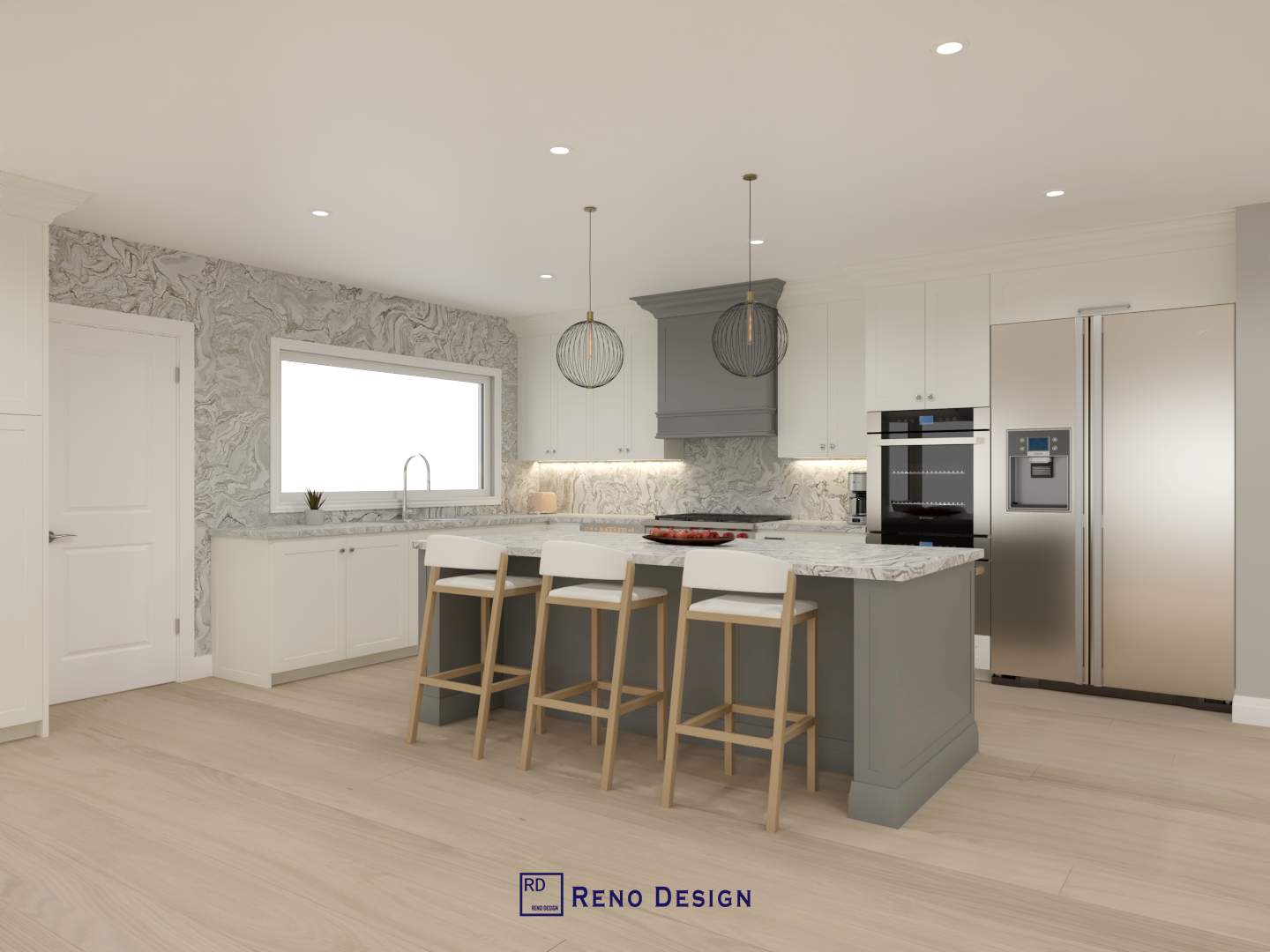 This image showcases an open-concept kitchen within a Toronto bungalow interior design project, featuring a central island with seating, custom cabinetry, and integrated stainless steel appliances. A balanced combination of soft neutral finishes, patterned backsplash details, and layered lighting creates a kitchen that is both functional and visually cohesive. Designed and completed by Reno Compass, this space reflects a modern kitchen design approach tailored to single-level homes in Toronto.