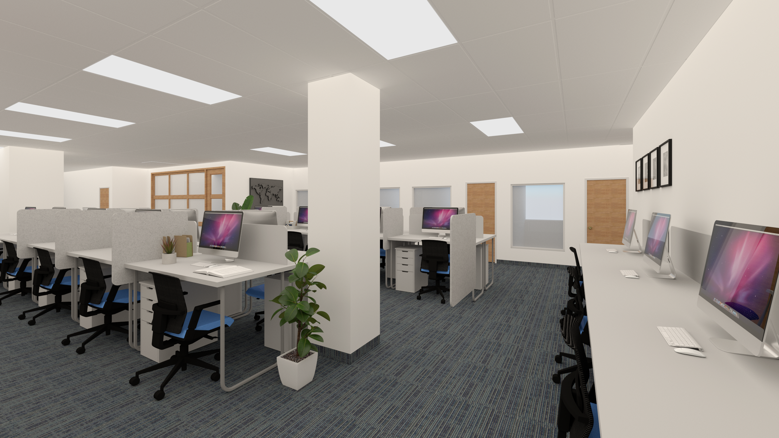 This image presents the renovated open office area of an ICBC Toronto branch, designed to support efficient daily operations and a structured working environment. The layout features modular workstations, clean-lined office desks, neutral-toned finishes, and integrated overhead lighting to ensure visual comfort and functionality. Wood doors, glass panels, and soft carpet flooring enhance acoustic control and spatial order, reflecting contemporary commercial office renovation standards for financial institutions in Toronto.