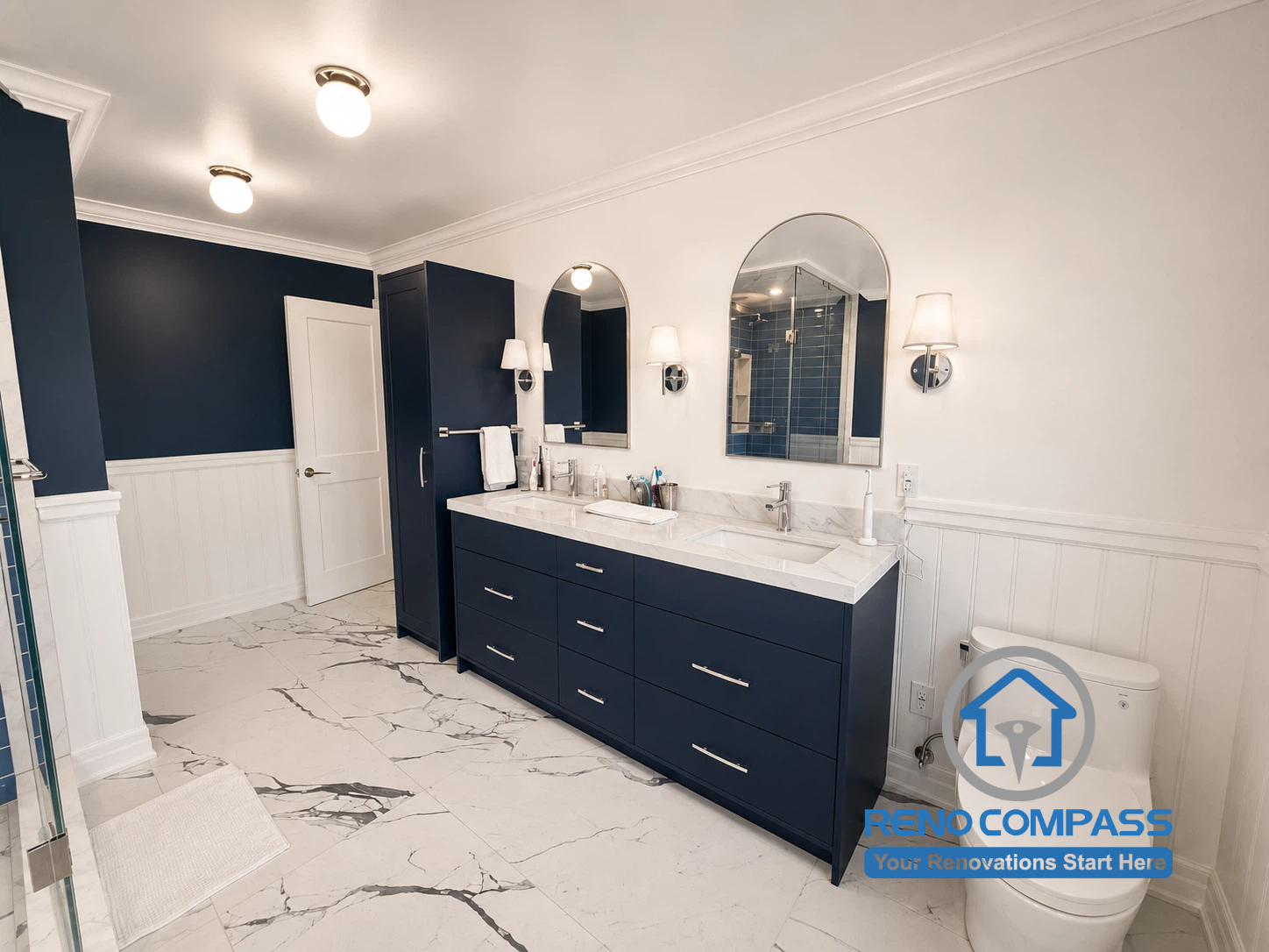 A completed modern bathroom renovation in Markham featuring a custom double vanity, quartz countertop, premium cabinetry, dual mirrors, porcelain tile flooring, and elegant finishes designed for both style and everyday functionality.