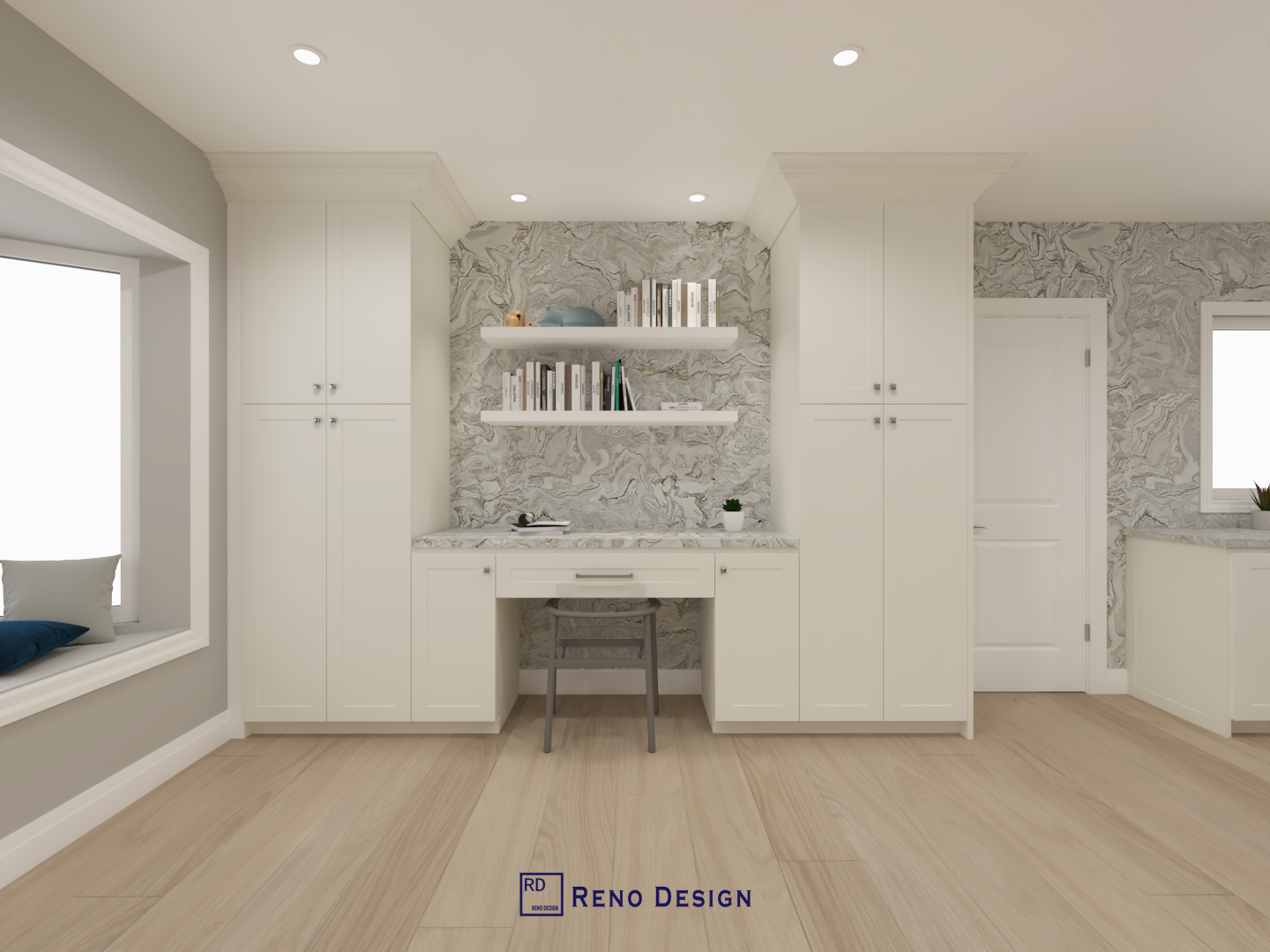 This image showcases a custom built-in study and storage wall within a Toronto bungalow interior design project. Floor-to-ceiling cabinetry, integrated open shelving, and a compact desk create a functional workspace while maintaining visual symmetry and clean lines. A patterned accent backdrop and warm wood flooring add subtle texture and balance to the space. Designed and completed by Reno Compass, this interior solution reflects a thoughtful approach to storage and workspace design for single-level homes in Toronto.