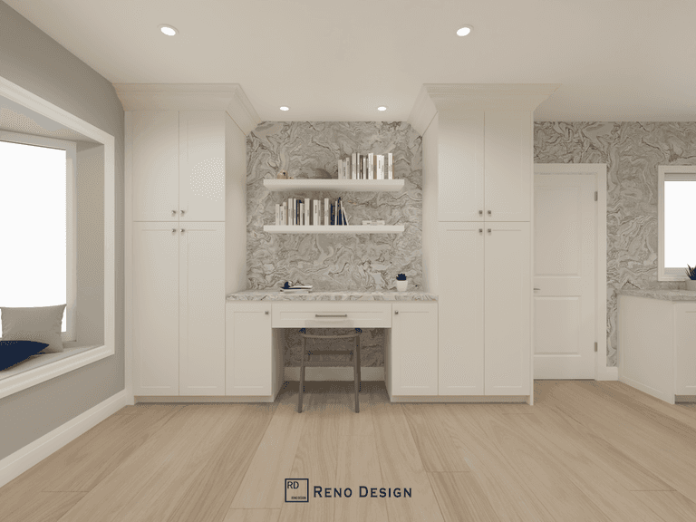 This image showcases a custom built-in study and storage wall within a Toronto bungalow interior design project. Floor-to-ceiling cabinetry, integrated open shelving, and a compact desk create a functional workspace while maintaining visual symmetry and clean lines. A patterned accent backdrop and warm wood flooring add subtle texture and balance to the space. Designed and completed by Reno Compass, this interior solution reflects a thoughtful approach to storage and workspace design for single-level homes in Toronto.