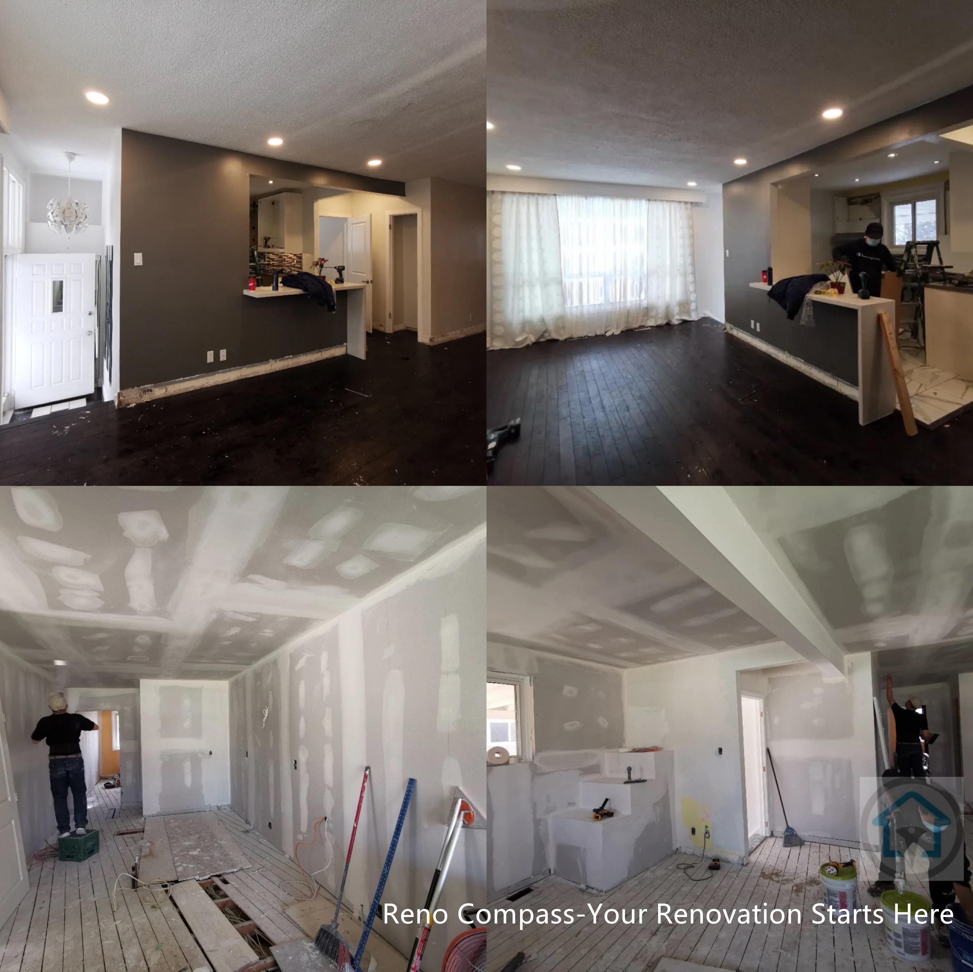 This image documents the interior renovation process of a Toronto home, highlighting key structural changes and construction stages. The project includes the removal of interior walls to create an open-concept living and kitchen area, drywall installation, ceiling reinforcement, and flooring preparation. From early demolition to mid-construction framing and finishing, the transformation improves spatial flow, natural light, and overall functionality. Completed by a professional Toronto renovation company, this renovation demonstrates careful planning, permit-compliant construction, and precise execution throughout each phase.