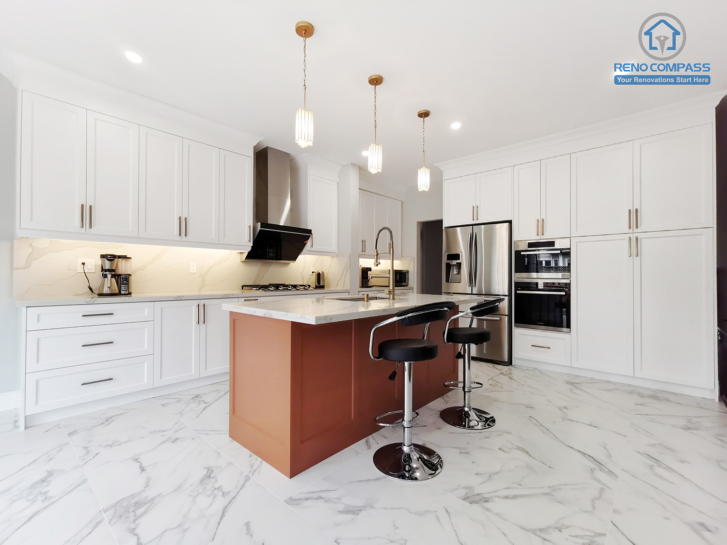 This Markham interior renovation presents a full-scale perspective of a custom-designed kitchen that emphasizes clarity, proportion, and daily functionality. The layout features continuous white shaker cabinetry, large-format marble-look porcelain flooring, and a central island that anchors the space visually and functionally. Integrated appliances and concealed storage solutions maintain a clean, uninterrupted elevation, while warm accent tones on the island introduce subtle contrast without breaking the overall balance. Layered lighting enhances depth and usability across work zones. Completed by Reno Compass, this kitchen renovation reflects a carefully coordinated interior design approach tailored to modern Markham homes seeking timeless aesthetics and long-term livability.