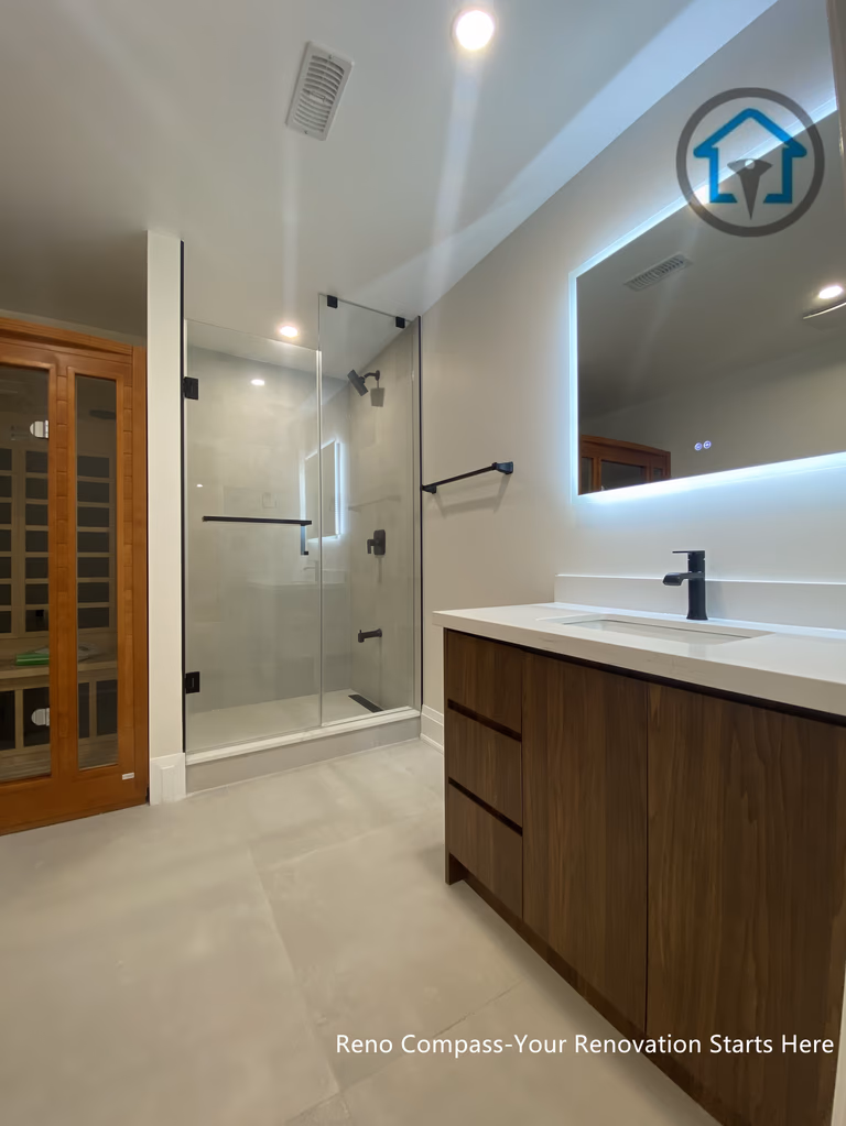 This image features a modern bathroom renovation within a Richmond Hill interior renovation project, showcasing a frameless glass shower, custom wood vanity, and an LED backlit mirror that enhances both functionality and ambiance. Clean tile finishes and minimalist fixtures create a calm, spa-inspired atmosphere designed for everyday comfort. Designed and completed by Reno Compass, this bathroom reflects a refined and practical approach to contemporary bathroom design for homes in Richmond Hill.