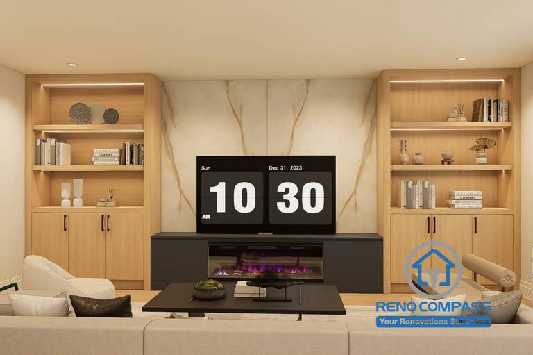 Custom entertainment wall design created for a Markham whole home renovation project. Featuring built-in shelving, integrated storage cabinets, a feature fireplace, and a dedicated media center. The design combines functionality and aesthetics to create a sophisticated focal point for family gatherings and everyday living.