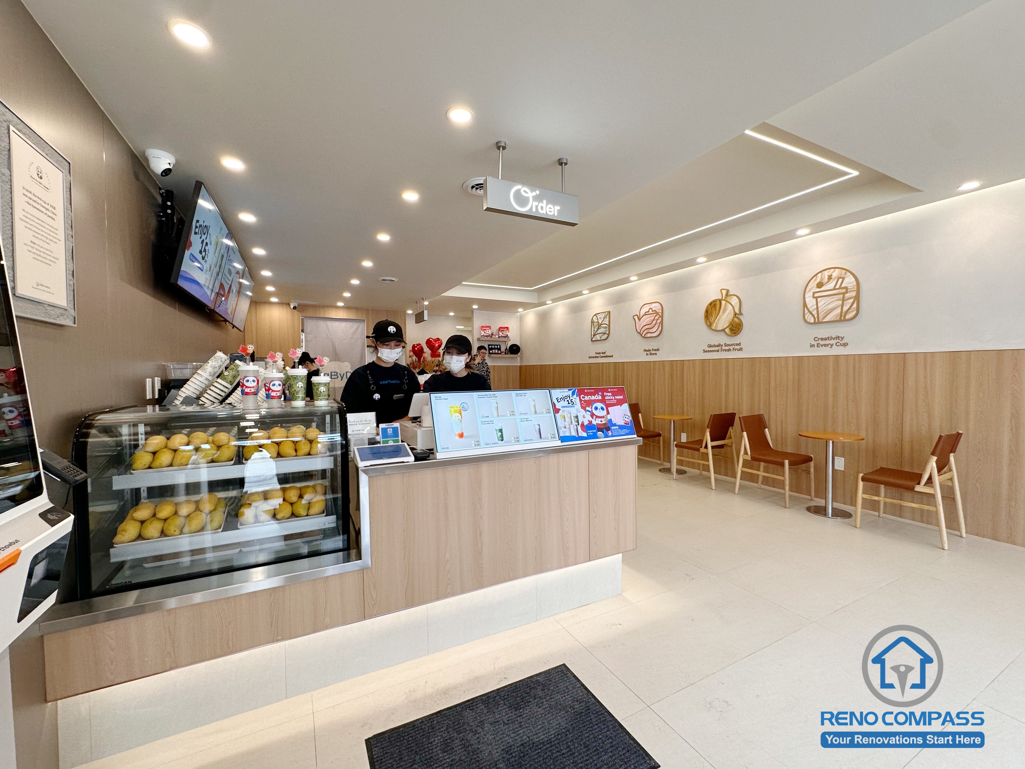 This North York bubble tea shop renovation features a modern front counter design, upgraded display area, and optimized seating layout for a smooth customer experience. Completed by a professional Toronto renovation company, the commercial space combines clean finishes, bright lighting, and functional workflow to support high-volume beverage service and daily operations.