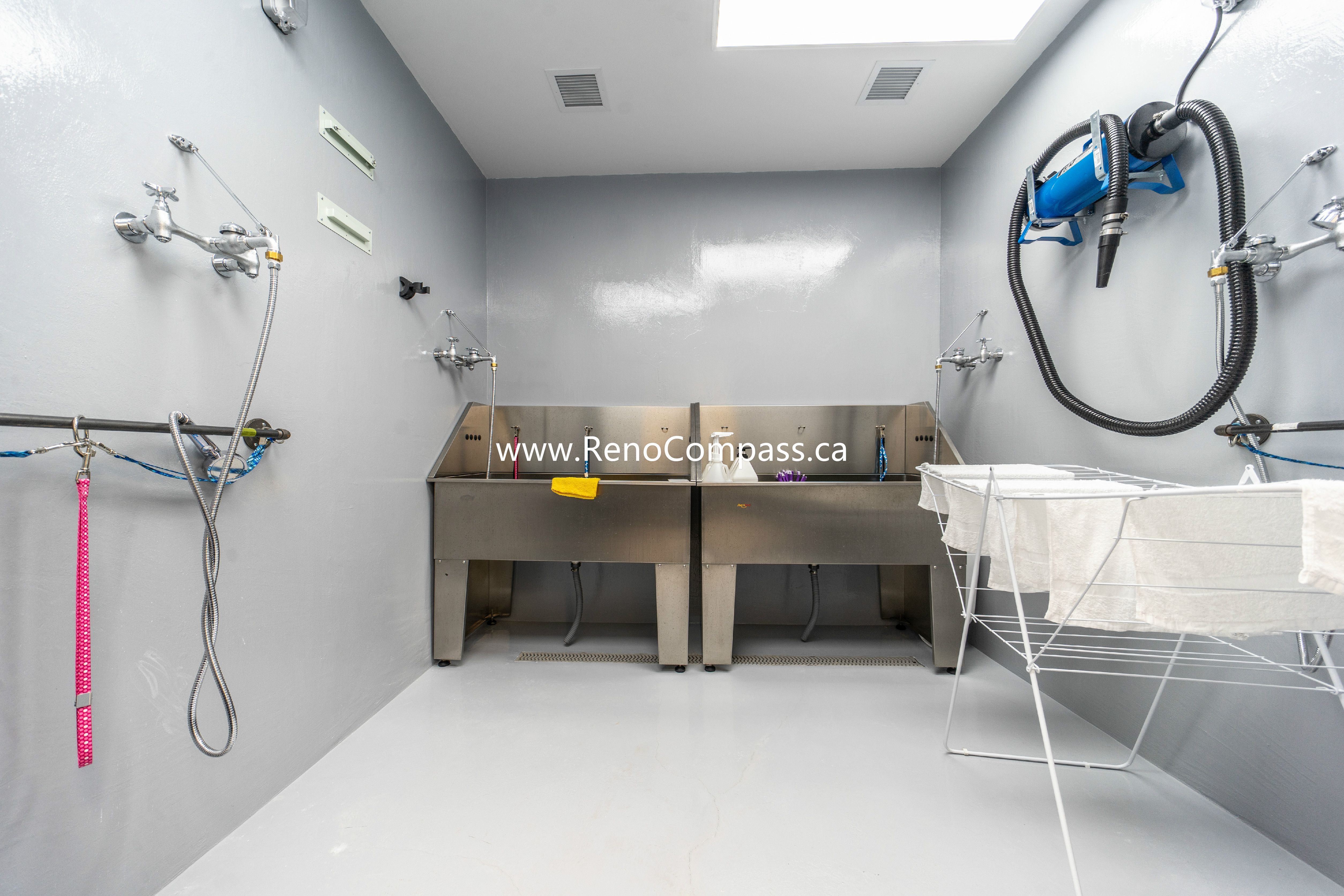 Modern pet grooming and washing room with stainless-steel wash stations, wall-mounted dryers, and clean light-gray finishes at Q’s Pets pet store in Richmond Hill.
