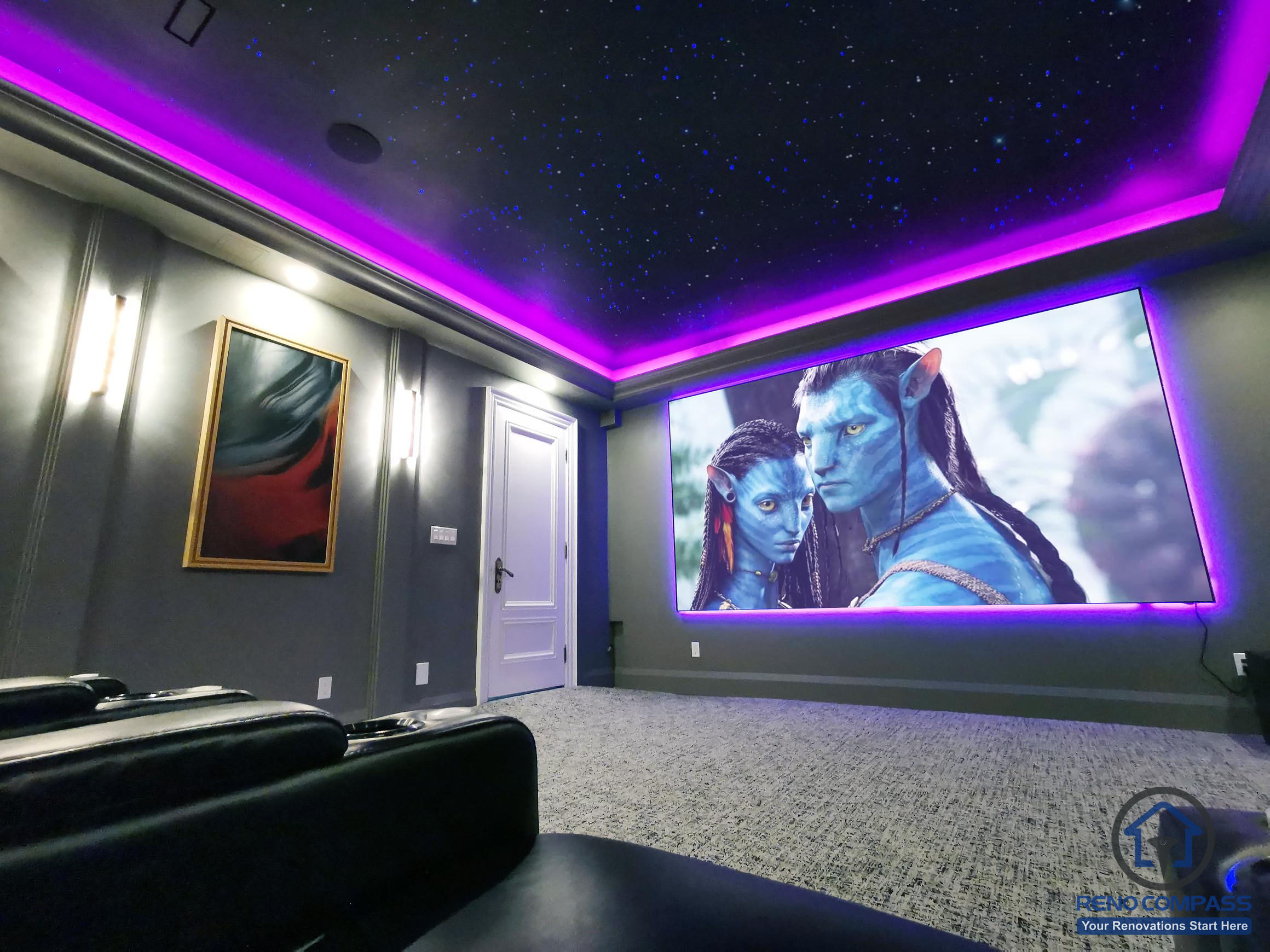 Custom home theatre renovation in Aurora featuring a star ceiling, ambient LED lighting, and a large projection screen for an immersive cinematic experience.