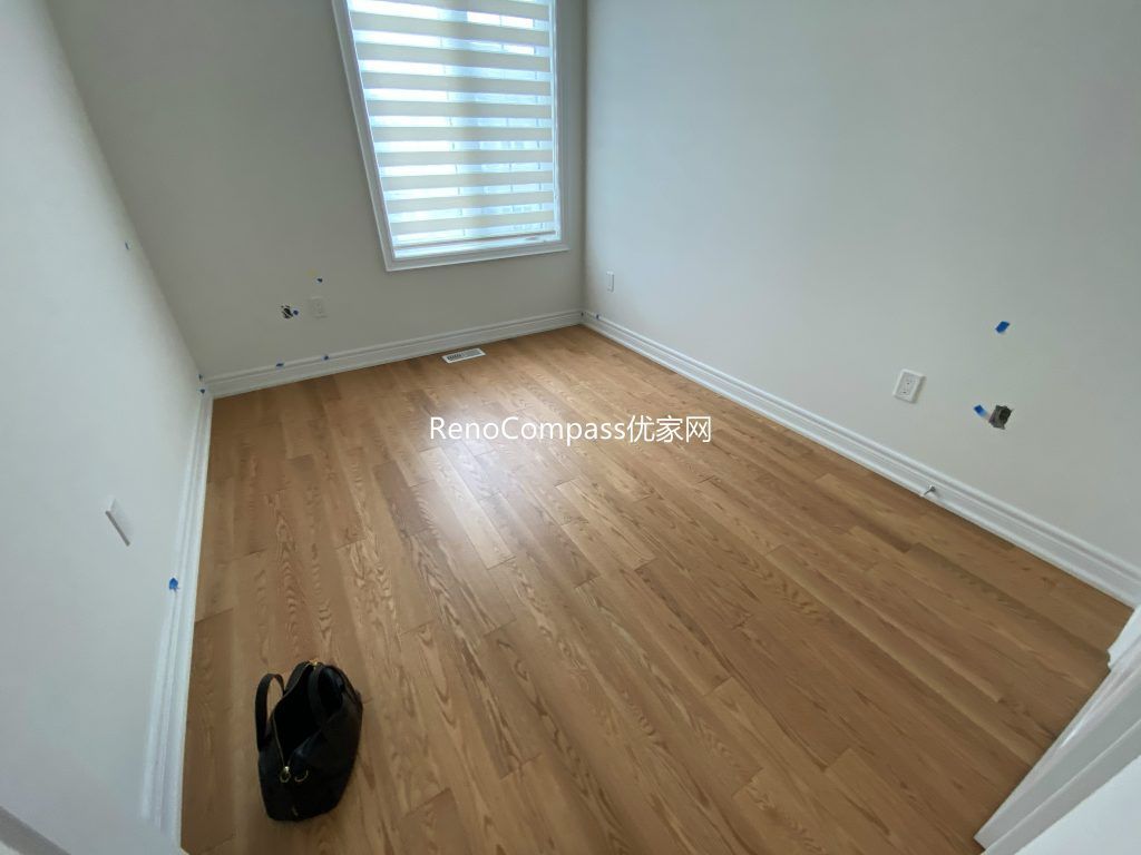 Beautiful bedroom renovation in Richmond Hill featuring soft neutral walls, modern ceiling lighting, and upgraded finishes. Reno Compass created a comfortable and contemporary living space for a cozy, relaxing environment.