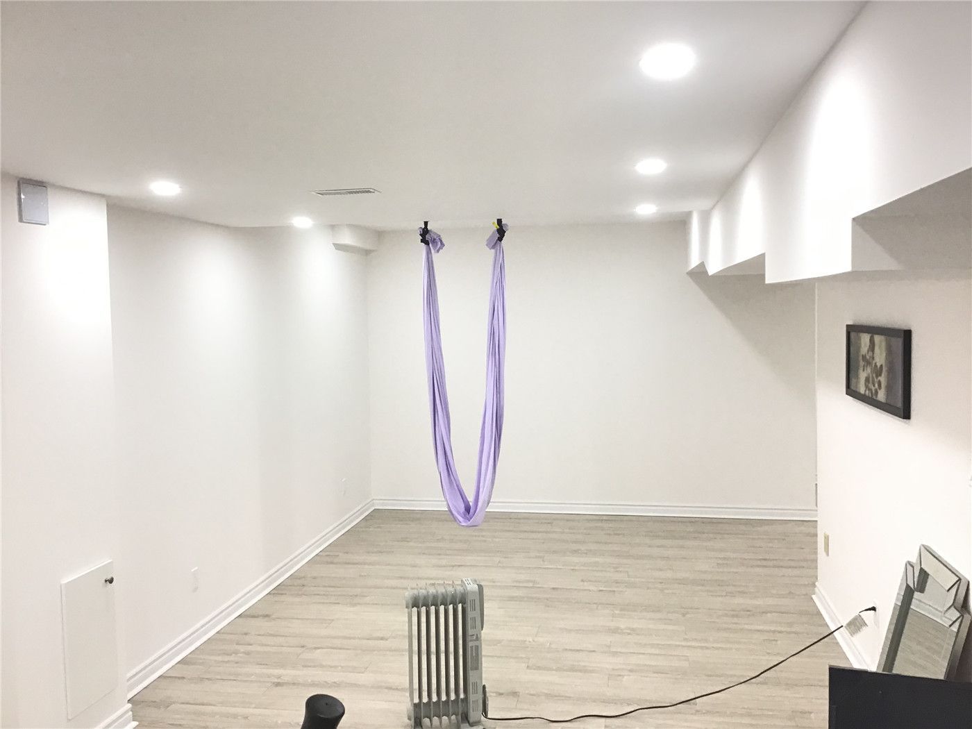 This Aurora basement renovation features a dedicated home gym and wellness area with an open and minimalist layout. The space includes a treadmill, aerial yoga setup, and wide plank flooring, enhanced by recessed ceiling lights for a bright and comfortable workout environment.