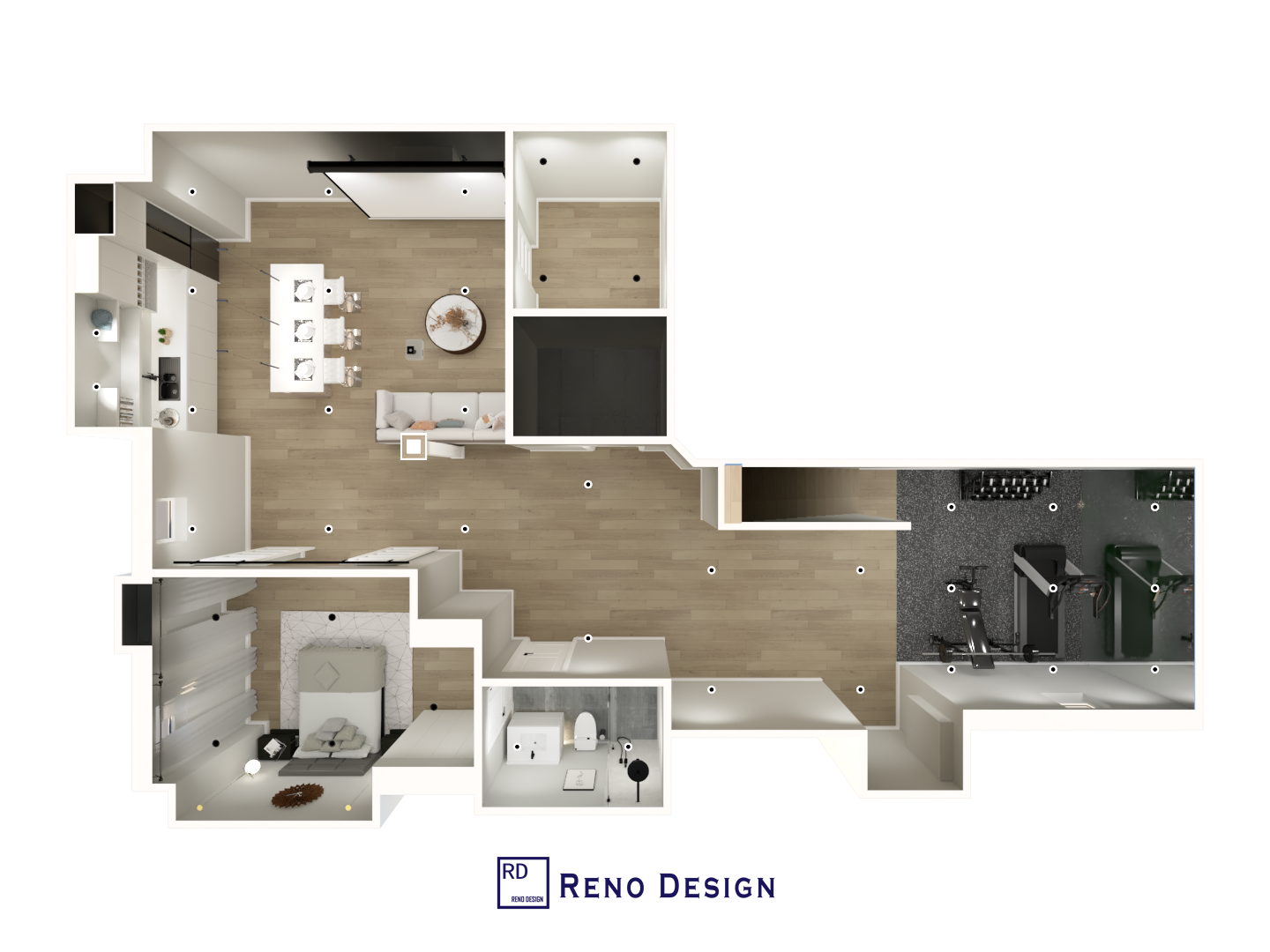 This basement floor plan illustrates the layout design for a 1250 sqft modern basement renovation project located in the Aurora community of the Greater Toronto Area. The plan clearly defines functional zones including the entertainment area, home theater, island kitchen, gym room, and bedroom, ensuring smooth circulation and efficient space utilization. Designed to enhance both comfort and usability, this basement layout reflects thoughtful planning and professional execution by a trusted Toronto renovation company.