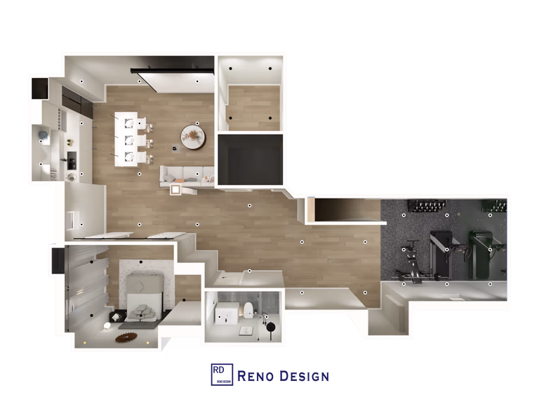 This basement floor plan illustrates the layout design for a 1250 sqft modern basement renovation project located in the Aurora community of the Greater Toronto Area. The plan clearly defines functional zones including the entertainment area, home theater, island kitchen, gym room, and bedroom, ensuring smooth circulation and efficient space utilization. Designed to enhance both comfort and usability, this basement layout reflects thoughtful planning and professional execution by a trusted Toronto renovation company.