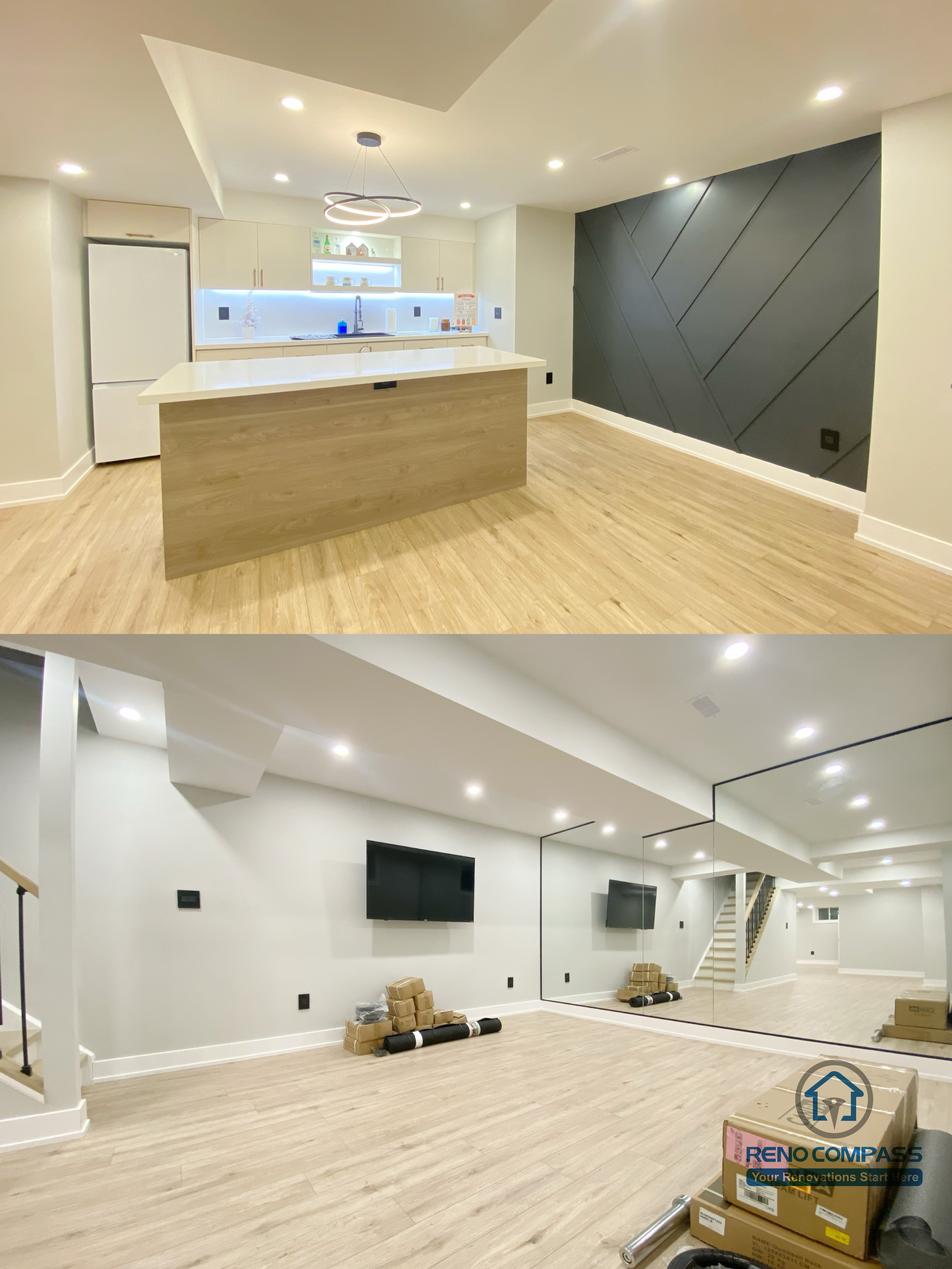 This Aurora basement renovation presents a cohesive open-concept design combining a modern kitchen island and a spacious entertainment area. The project features wood-look flooring, recessed ceiling lighting, custom cabinetry, and a sleek accent wall that adds depth and character to the space. The seamless transition between kitchen and living zones enhances usability for hosting, family activities, and everyday living. Completed by a Toronto renovation company, this basement renovation highlights thoughtful layout planning and contemporary design execution.