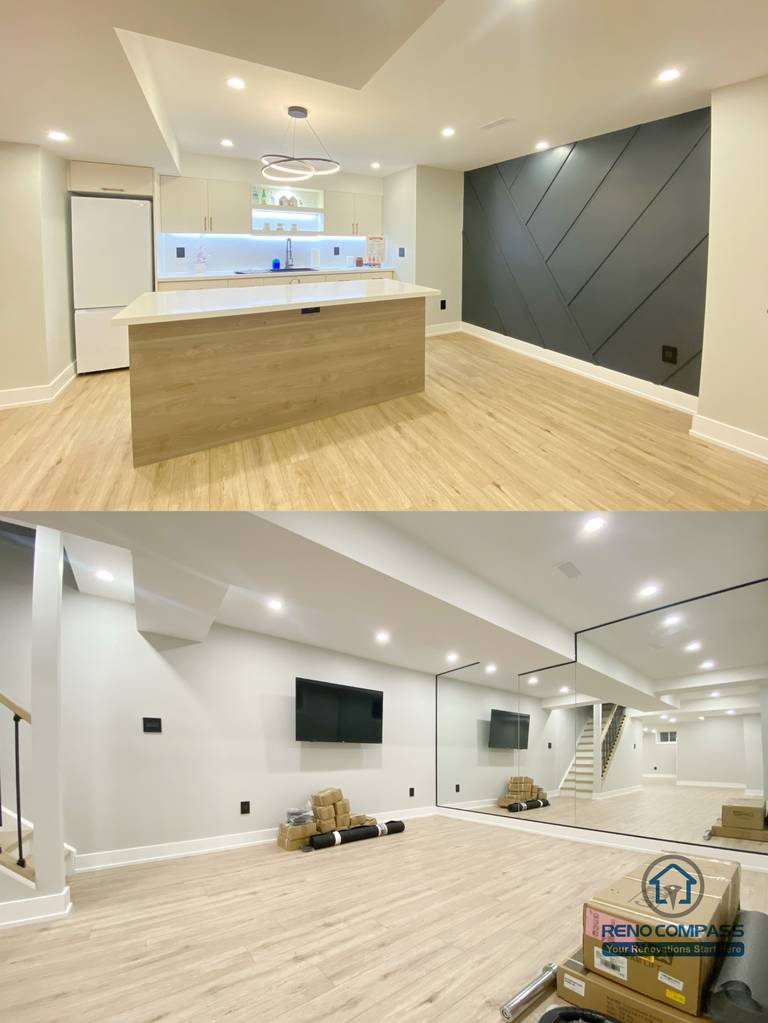 This Aurora basement renovation presents a cohesive open-concept design combining a modern kitchen island and a spacious entertainment area. The project features wood-look flooring, recessed ceiling lighting, custom cabinetry, and a sleek accent wall that adds depth and character to the space. The seamless transition between kitchen and living zones enhances usability for hosting, family activities, and everyday living. Completed by a Toronto renovation company, this basement renovation highlights thoughtful layout planning and contemporary design execution.