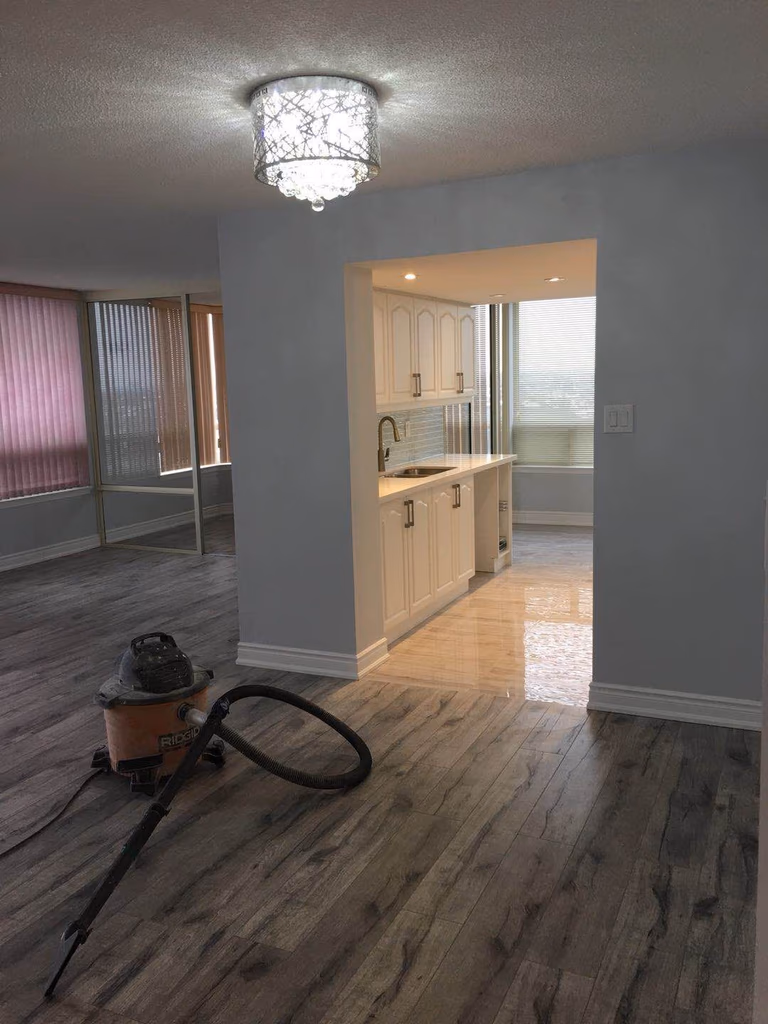This Toronto interior renovation project showcases a refreshed hallway space featuring durable wood-look flooring, newly painted walls, updated trim, and modern ceiling lighting. The renovation improves brightness and flow between rooms while creating a clean and cohesive look for the home's interior layout.