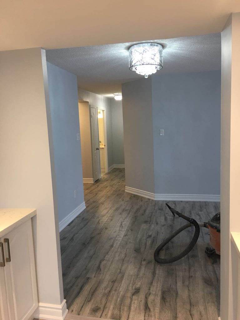 This Toronto interior renovation highlights a refreshed hallway space featuring durable wood-look flooring, soft neutral wall colors, and modern ceiling lighting. The updated flooring installation improves both durability and visual continuity throughout the home, while the new lighting fixture enhances brightness and style. The renovation creates a clean, modern transition area connecting living spaces, demonstrating practical and elegant interior improvements commonly seen in Toronto residential renovations.