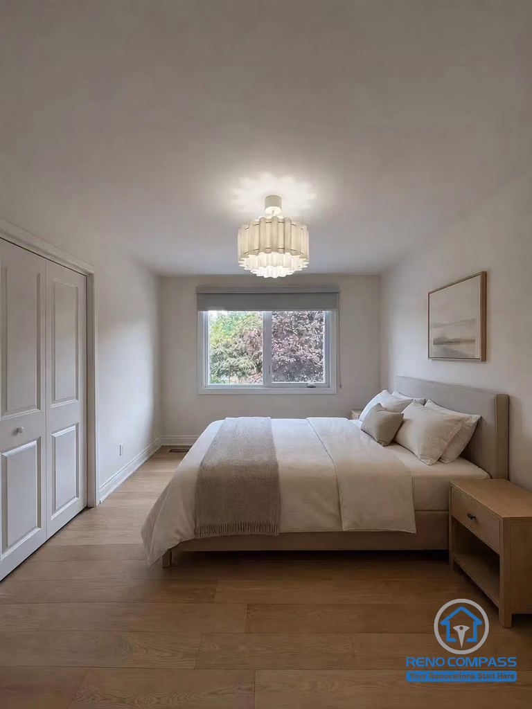 This modern bedroom was completed as part of a whole house renovation in North York. Featuring warm wood flooring, neutral tones, large windows, and minimalist furnishings, the space is designed to provide a bright, comfortable, and relaxing retreat with a timeless contemporary style.