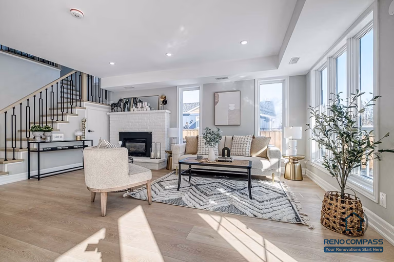 This Georgian interior renovation features a bright living room with large windows, classic fireplace, elegant staircase railing, and light wood flooring. A refined and timeless interior completed by a professional Toronto renovation company.