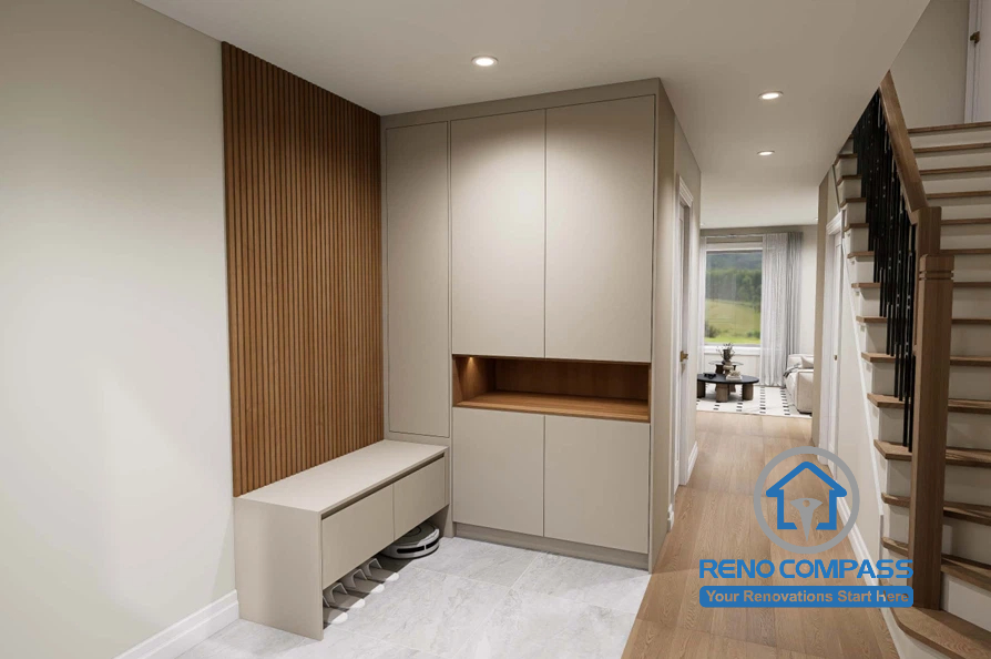 This Scarborough interior design project features a modern mudroom with custom built-in storage, a functional bench, floor-to-ceiling cabinetry, and a decorative wood slat accent wall. Thoughtful space planning creates an organized, welcoming entrance while seamlessly connecting to the open-concept main floor.
