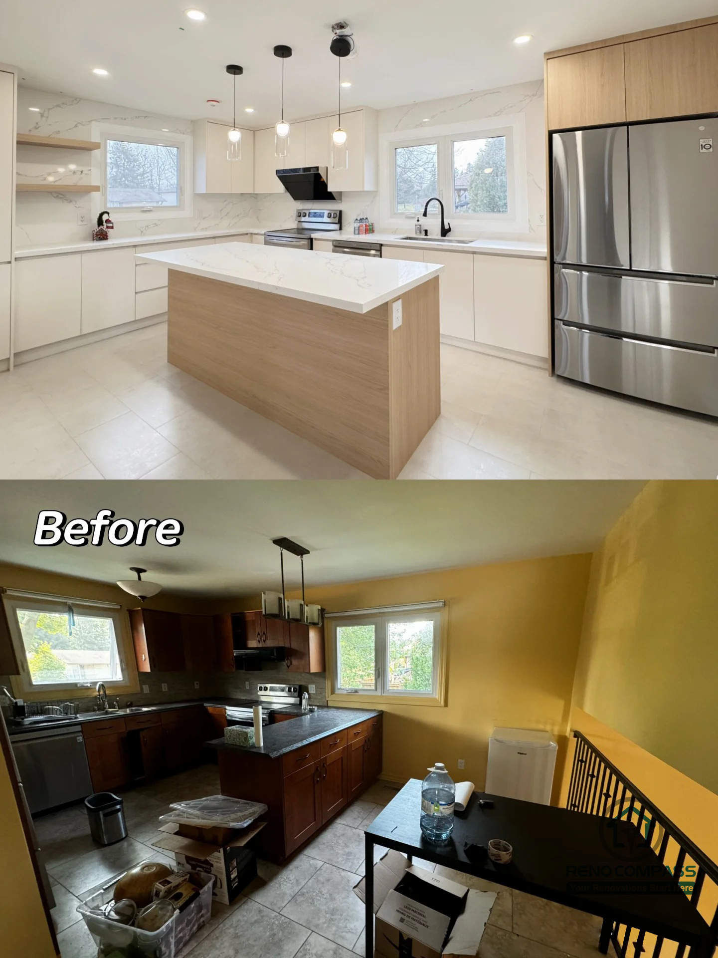 This Oakville kitchen renovation features a clean open-concept layout with a large central island, quartz countertops, and integrated lighting. The combination of light cabinetry and warm wood tones enhances both functionality and visual balance, creating a bright and inviting cooking space.