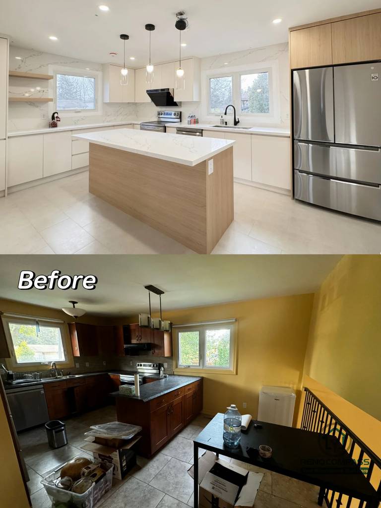 This Oakville kitchen renovation features a clean open-concept layout with a large central island, quartz countertops, and integrated lighting. The combination of light cabinetry and warm wood tones enhances both functionality and visual balance, creating a bright and inviting cooking space.
